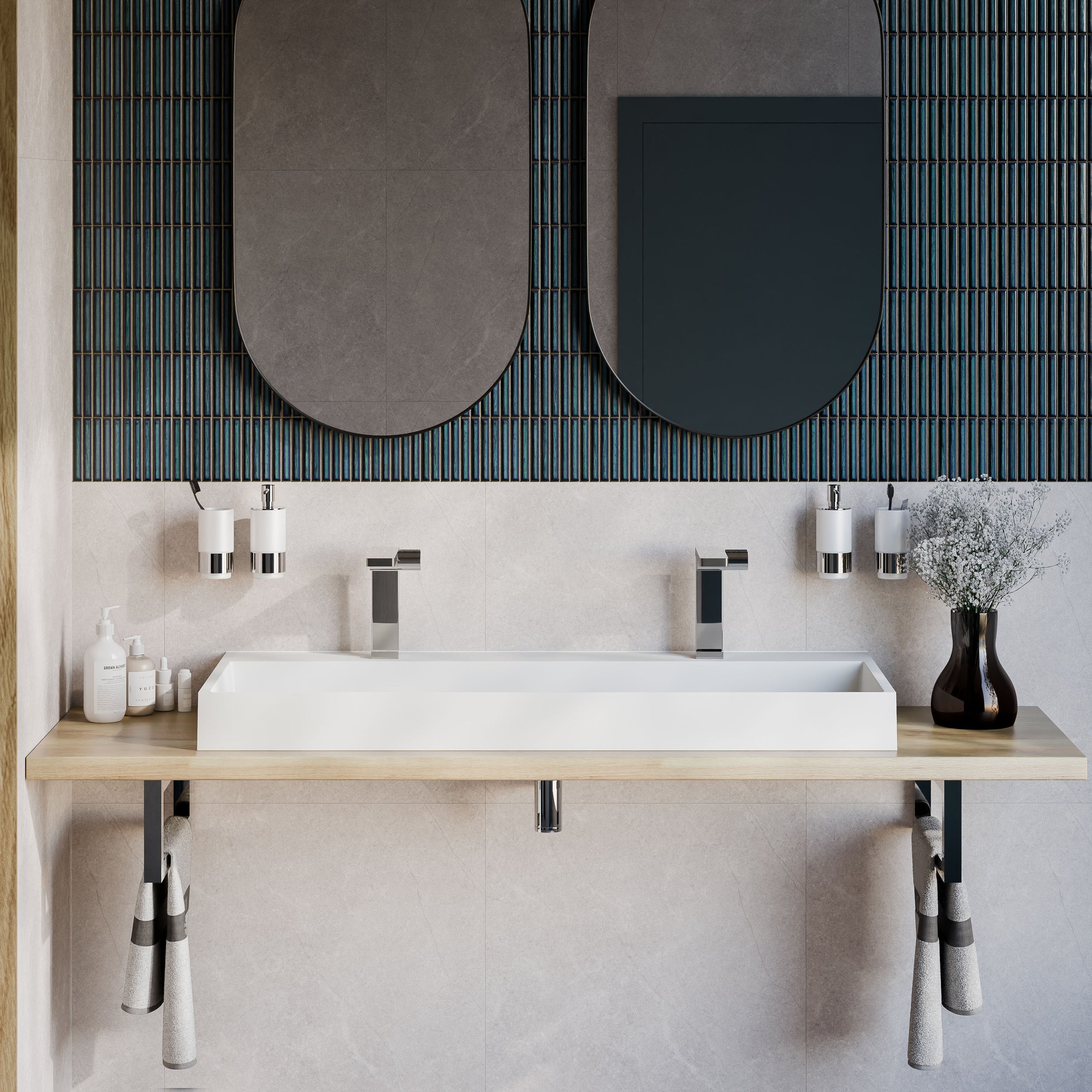 Lavabo sospeso / lavabo da appoggio di marmo fuso BS6001  con due fori per rubinetto- bianco - 120cm