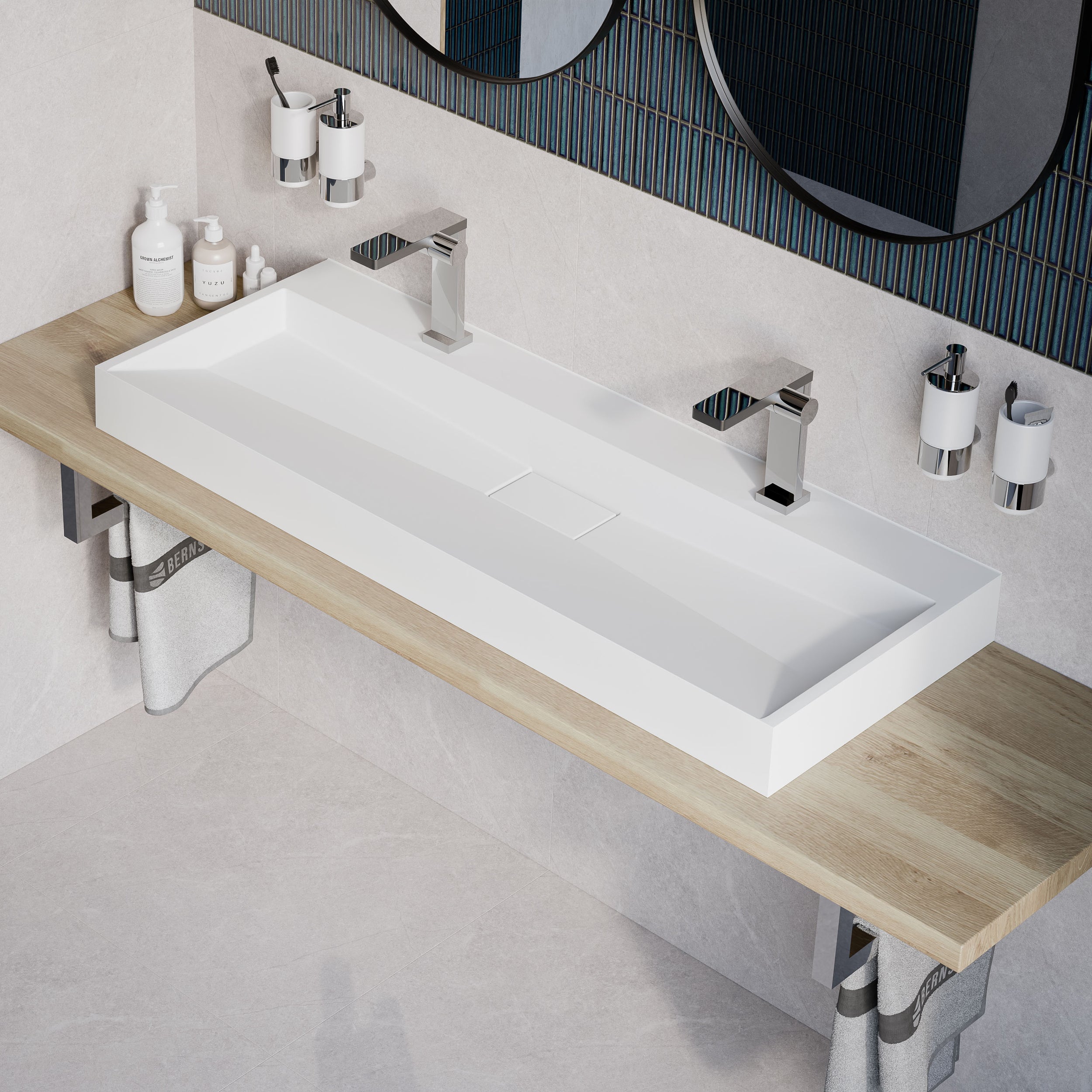 Lavabo sospeso / lavabo da appoggio di marmo fuso BS6001  con due fori per rubinetto- bianco - 120cm