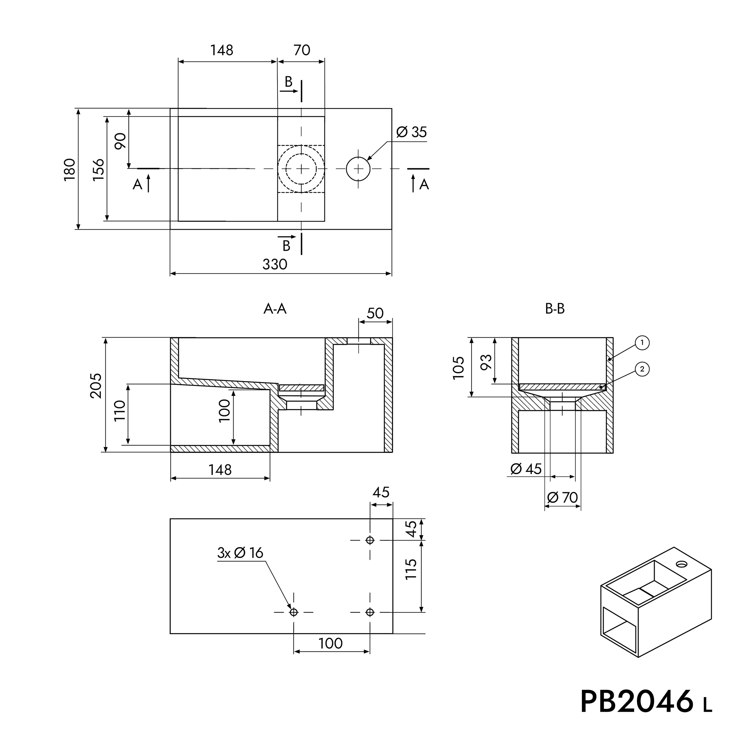 Lavabo a parete PB2046 in fusione minerale