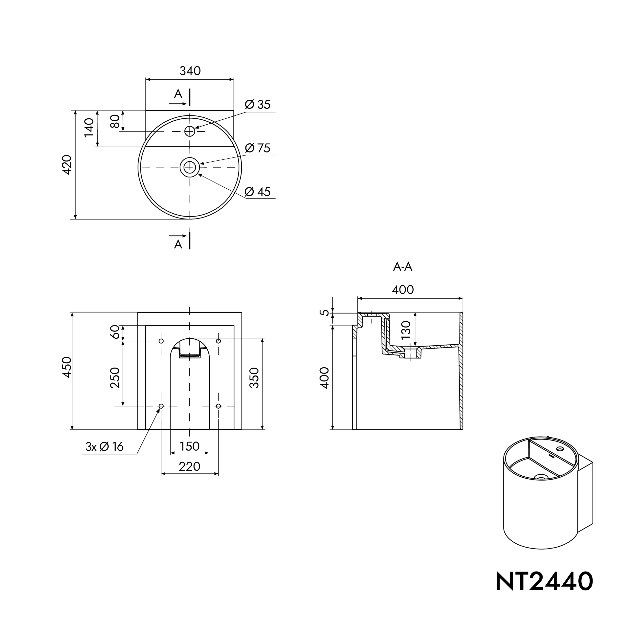 NT2440 lavabo a parete in fusione minerale