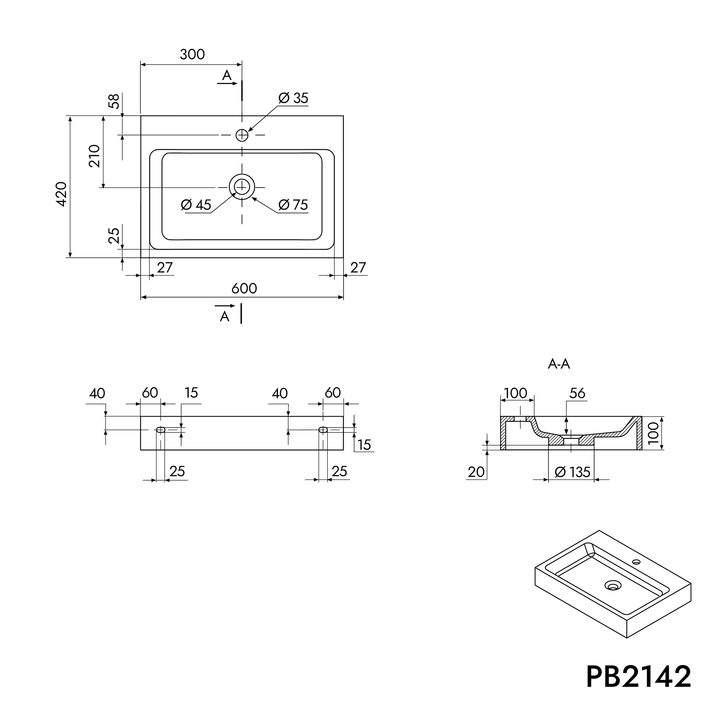 Lavabo a parete in fusione minerale PB2142
