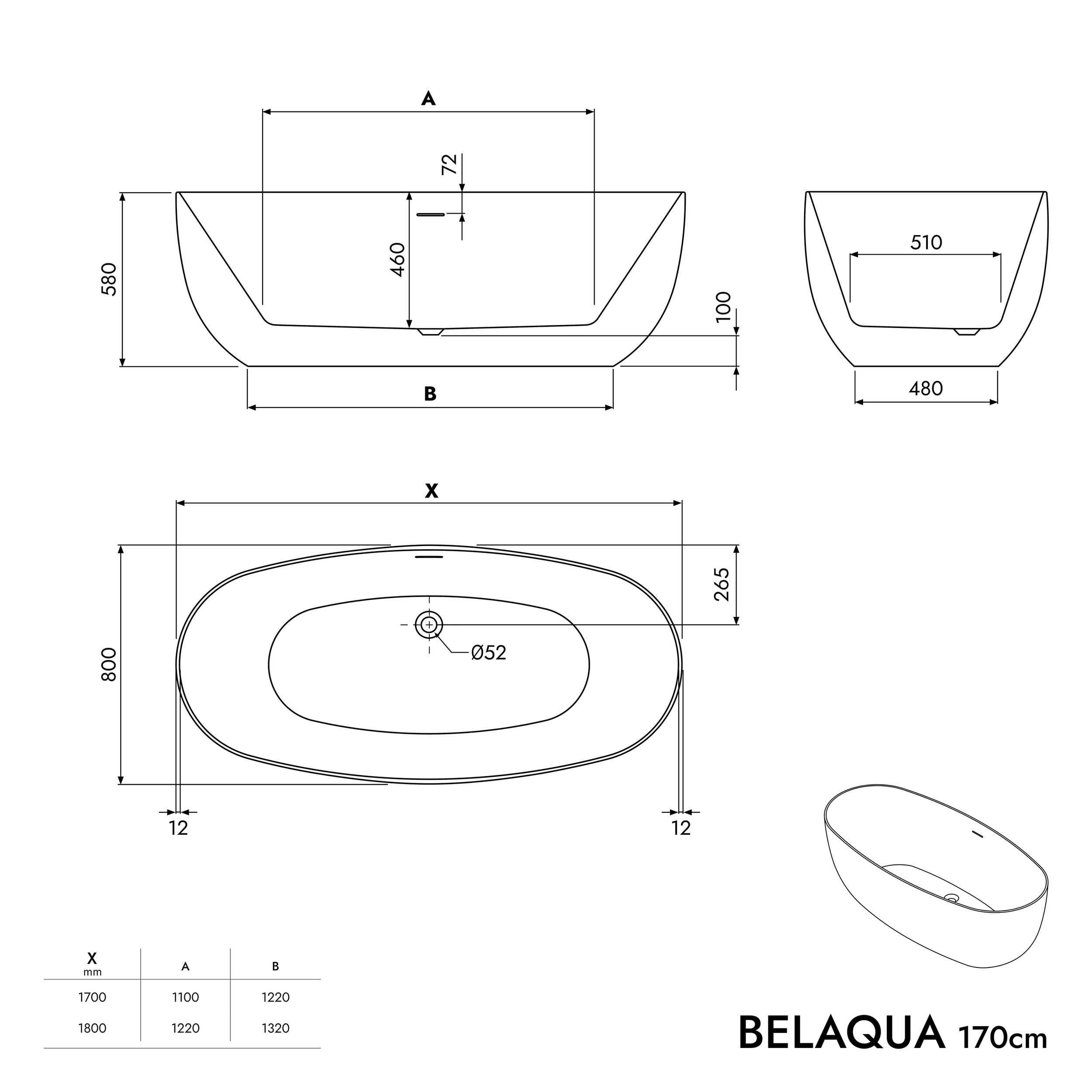 Vasca da bagno autoportante BELAQUA in acrilico