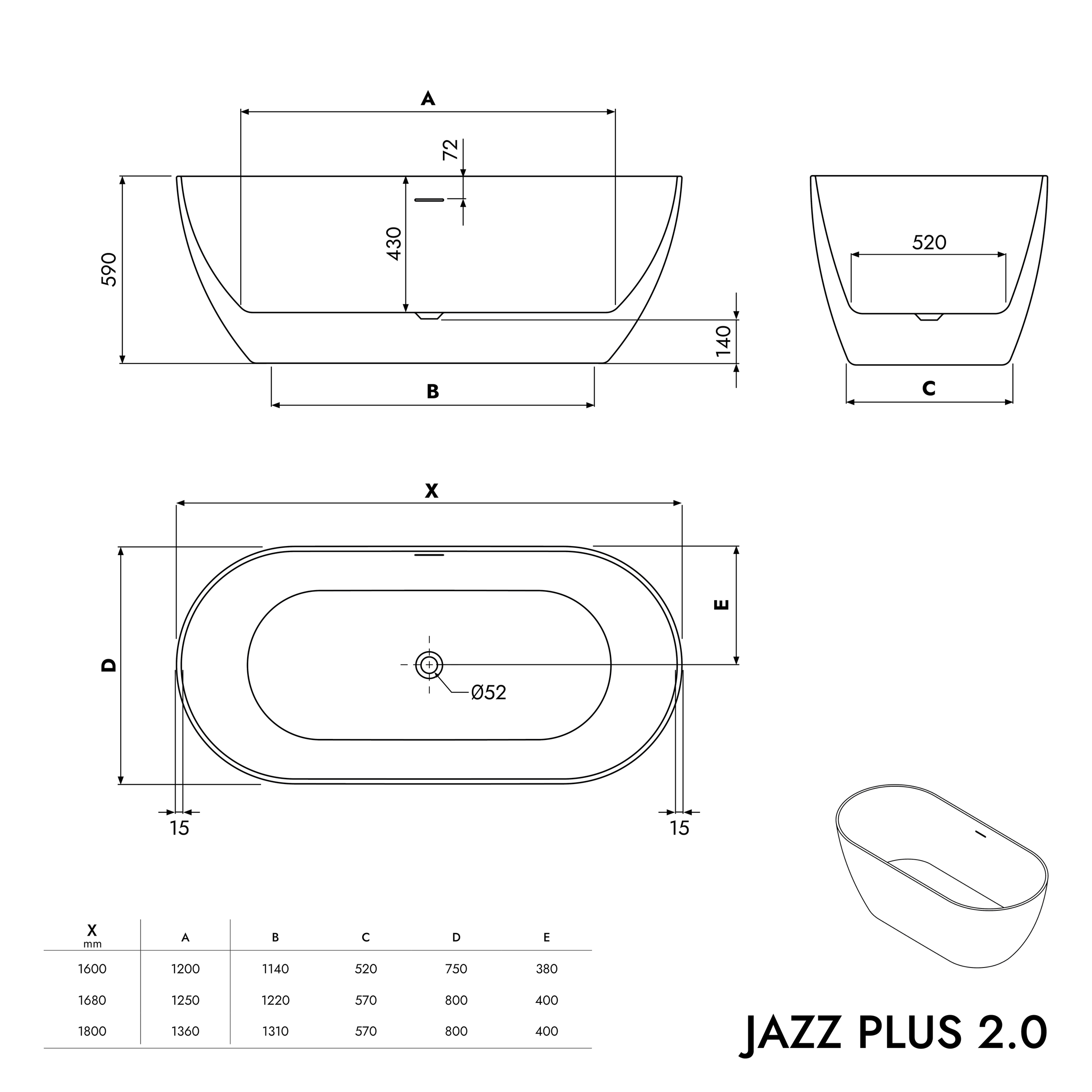 Vasca da bagno autoportante JAZZ PLUS 2.0 in acrilico bianco opaco