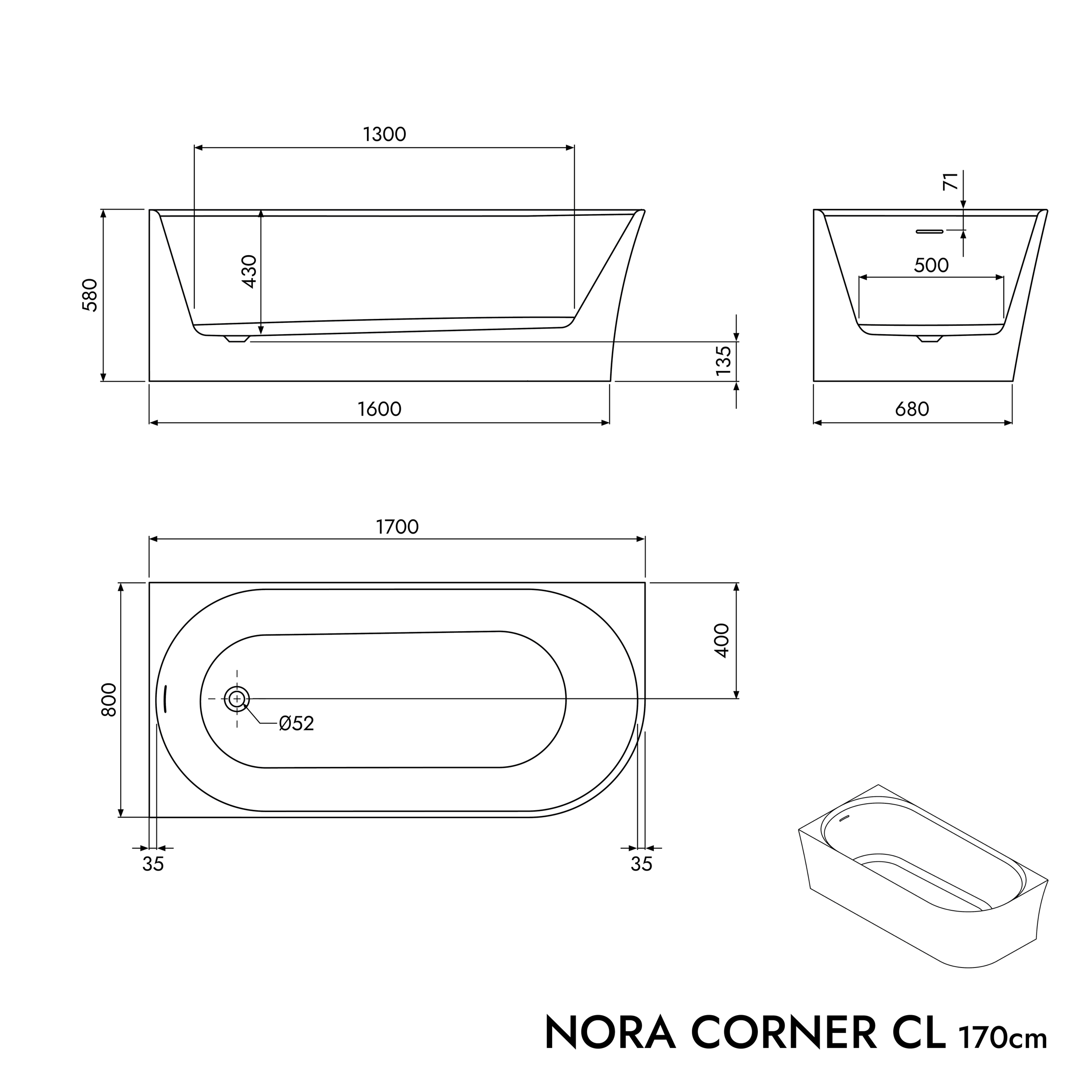 Vasca da bagno salvaspazio semi-freestanding NORA CORNER acrilico bianco opaco