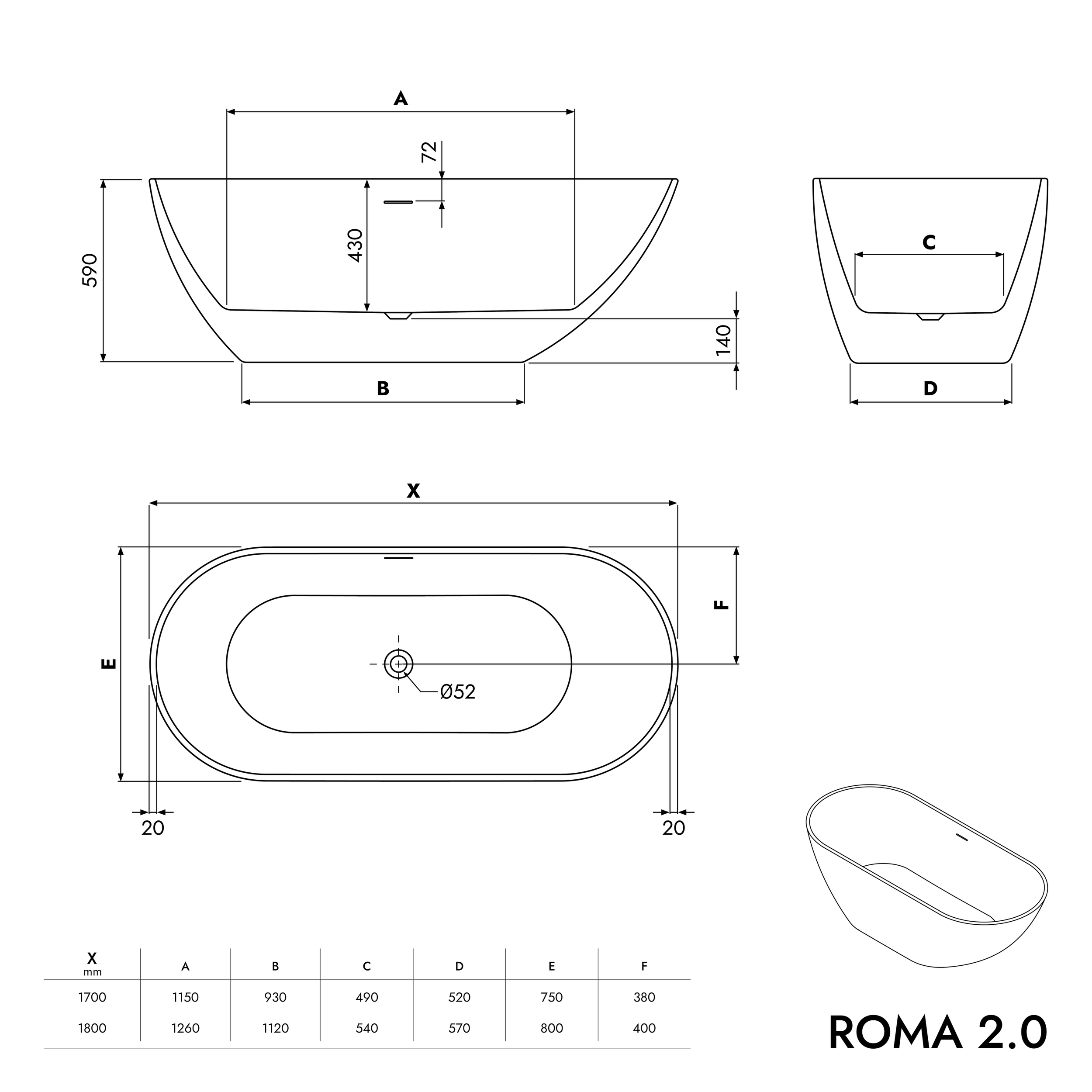 Vasca da bagno freestanding ROMA 2.0 in acrilico