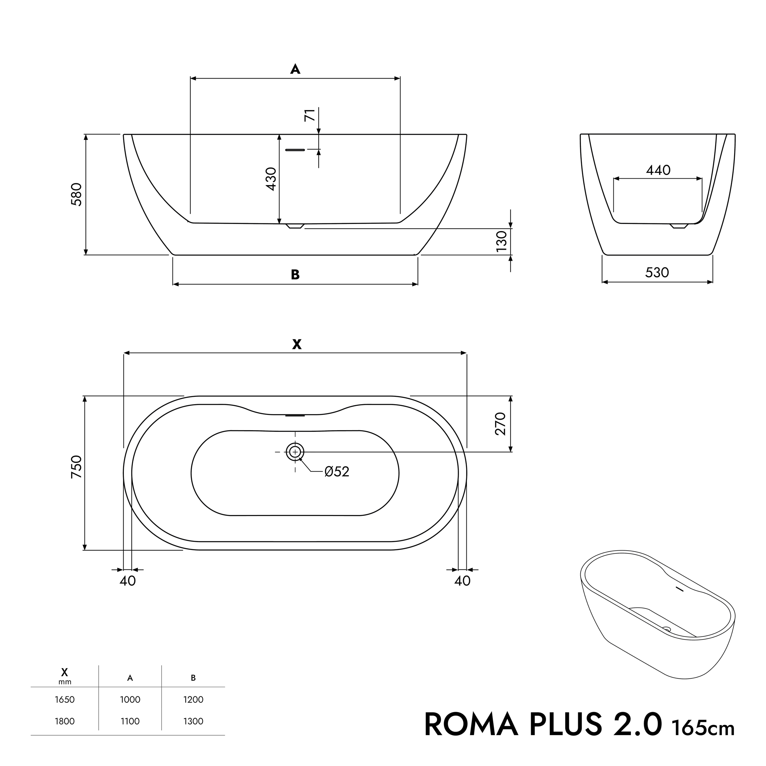 Vasca da bagno freestanding ROMA PLUS 2.0 in acrilico