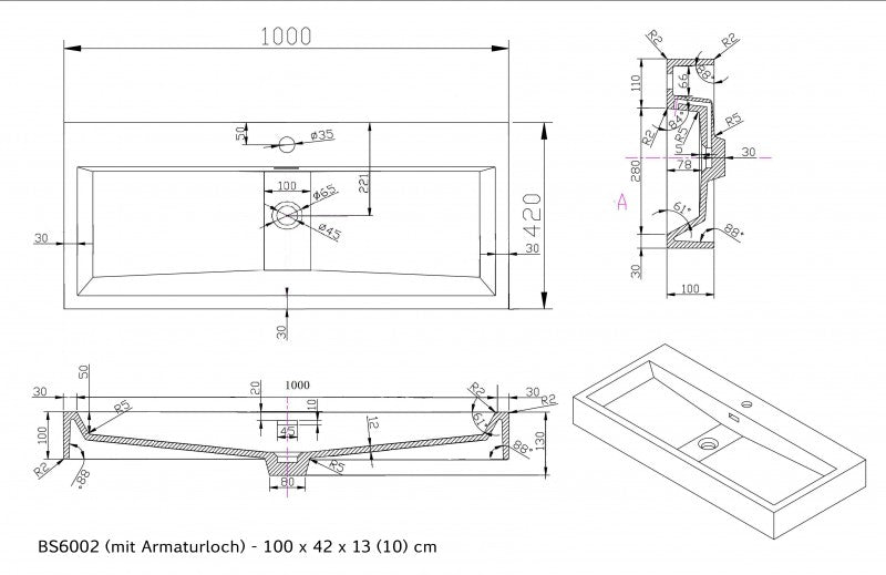 Lavabo a parete Lavabo da appoggio BS6002 in marmo fuso