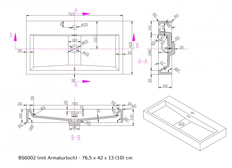 Lavabo a parete Lavabo da appoggio BS6002 in marmo fuso