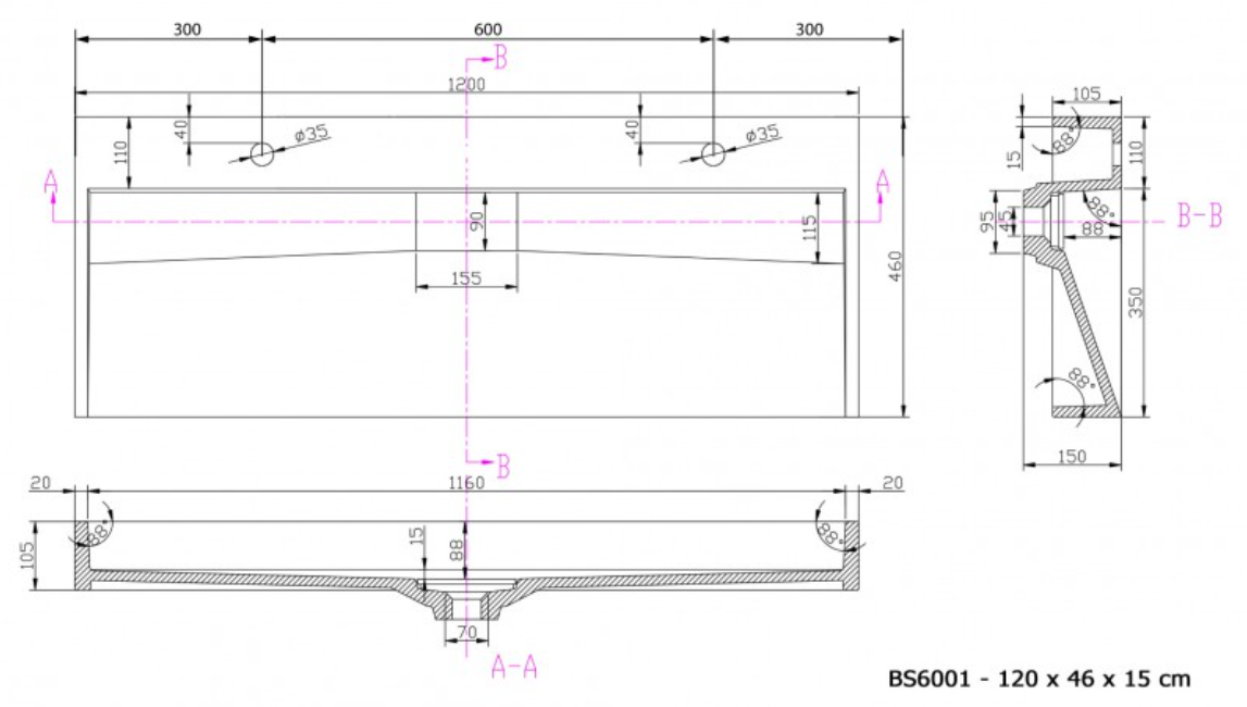 Lavabo sospeso / lavabo da appoggio di marmo fuso BS6001  con due fori per rubinetto- bianco - 120cm