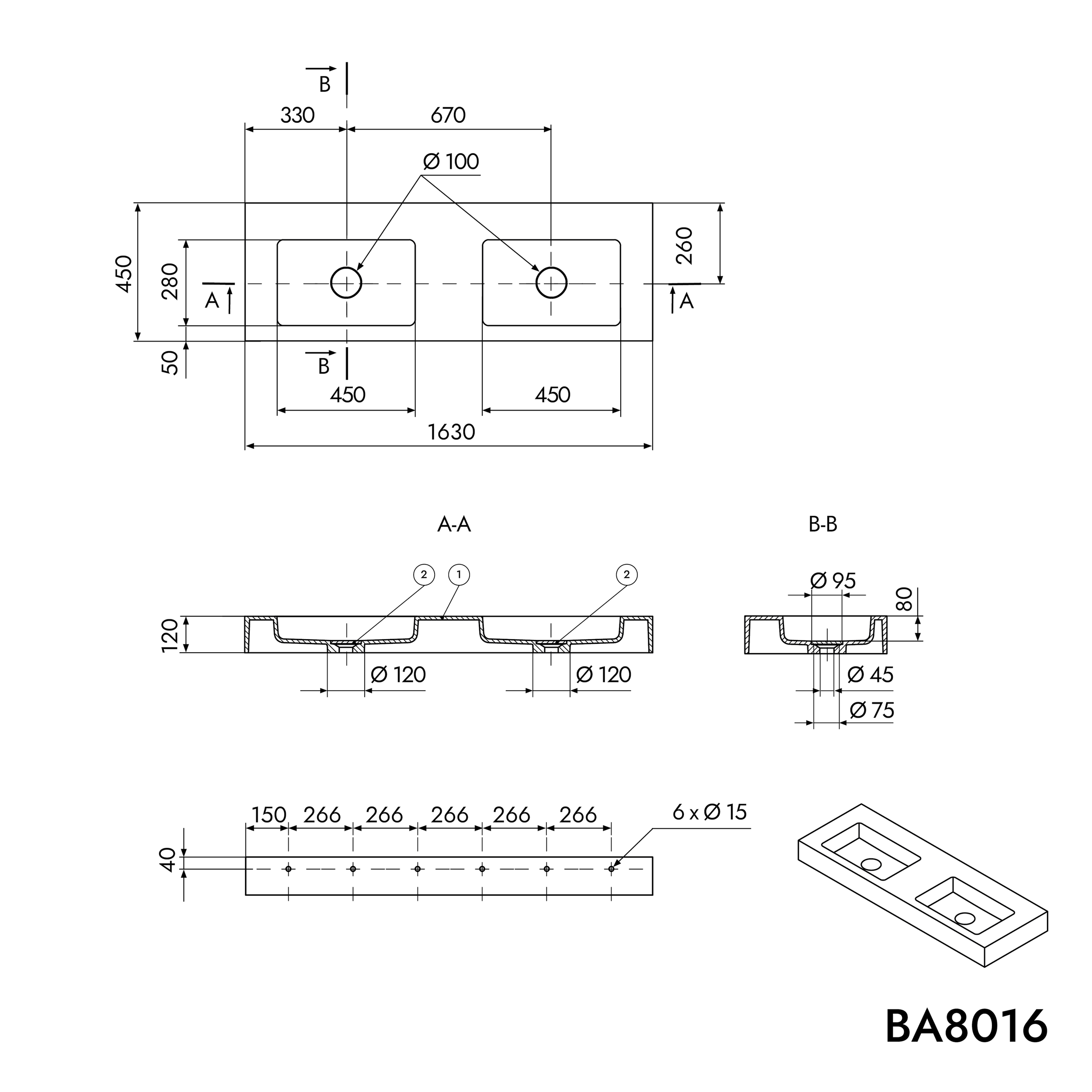 Lavabo doppio a parete BA8016 in mineral cast