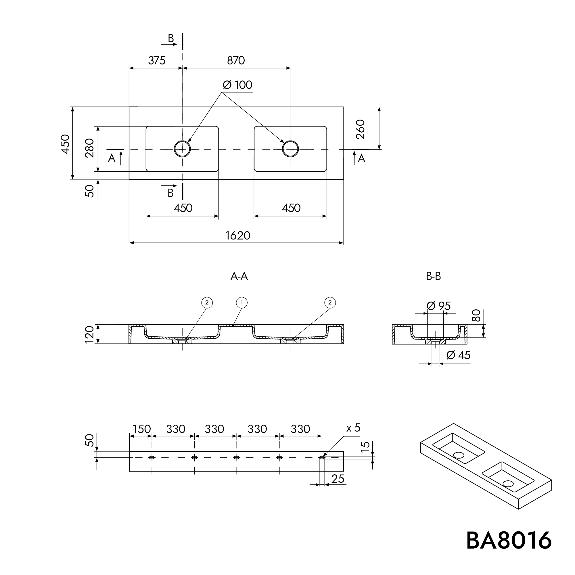 Lavabo doppio a parete BA8016 in mineral cast