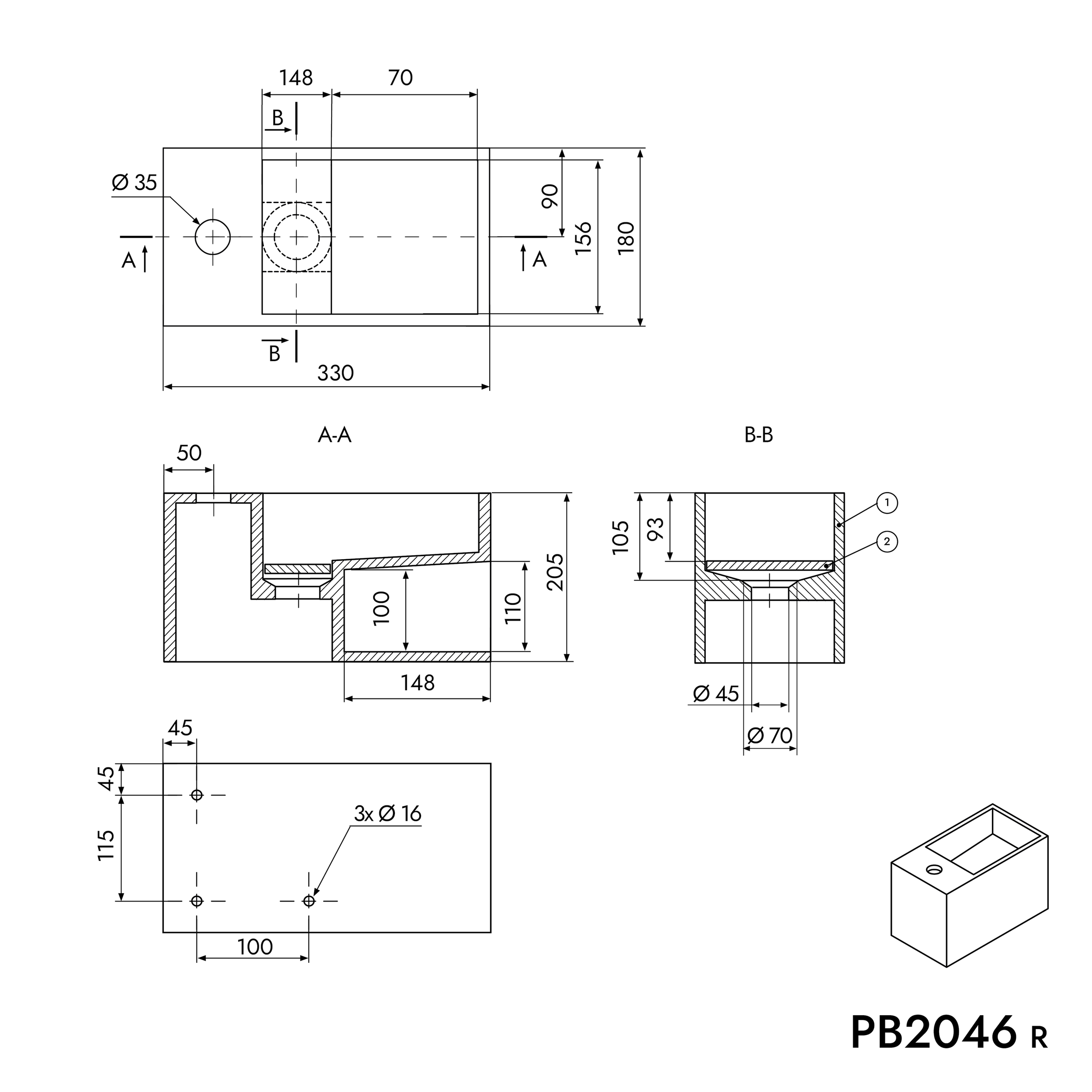 Lavabo a parete PB2046 in Mineralguss - 33 x 18 x 20,5 cm