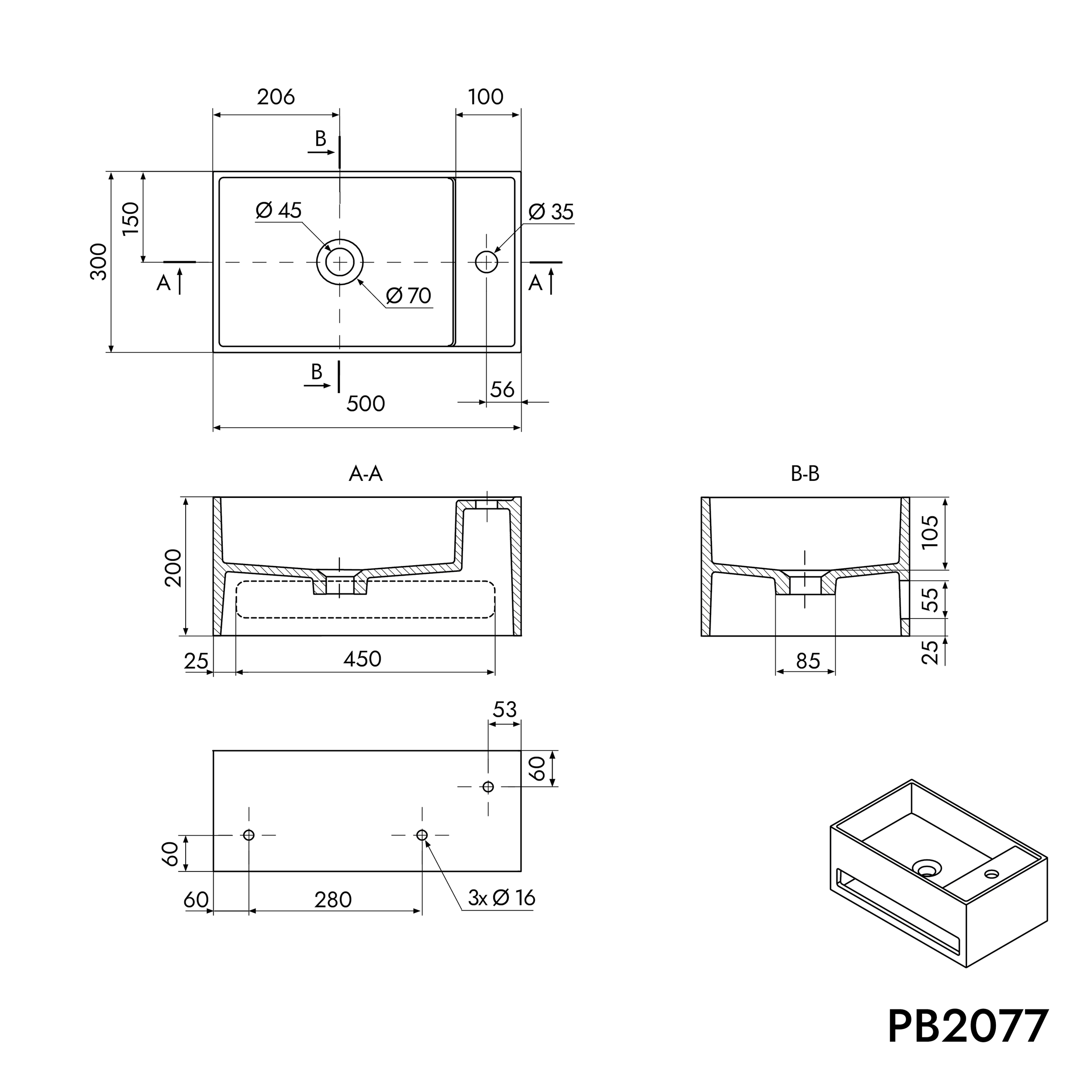 Lavabo a parete PB2077 in fusione minerale