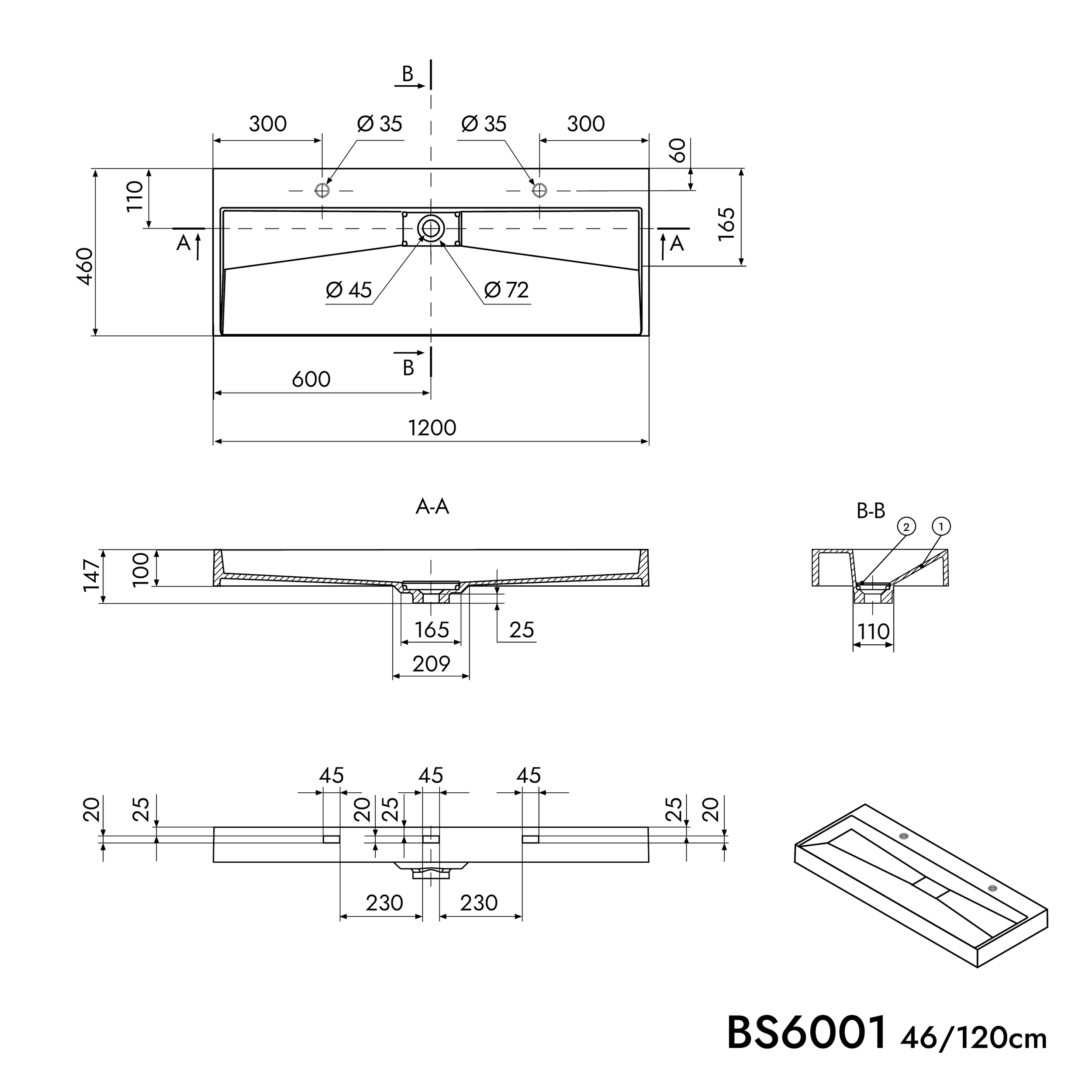 Lavabo sospeso / lavabo da appoggio di marmo fuso BS6001  con due fori per rubinetto- bianco - 120cm