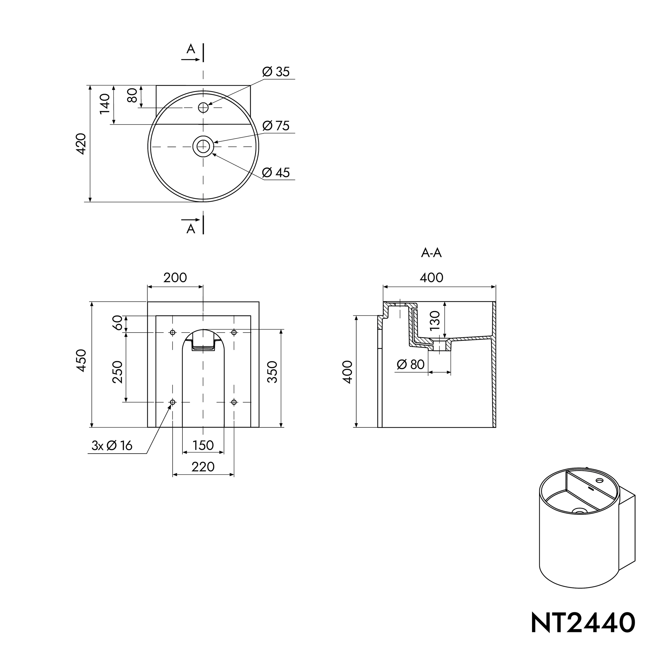 NT2440 lavabo a parete in fusione minerale