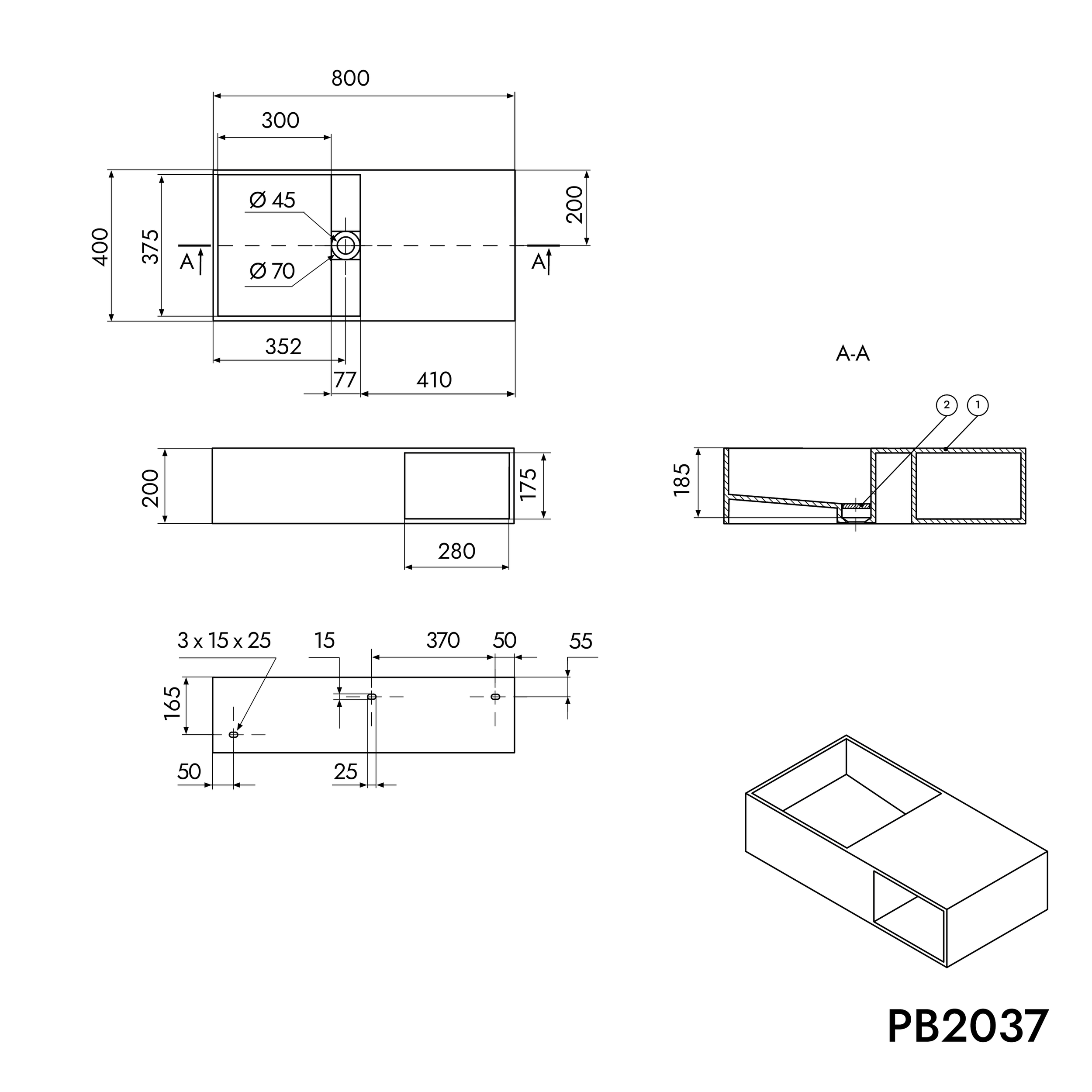 Lavabo a muro PB2037 in fusione minerale