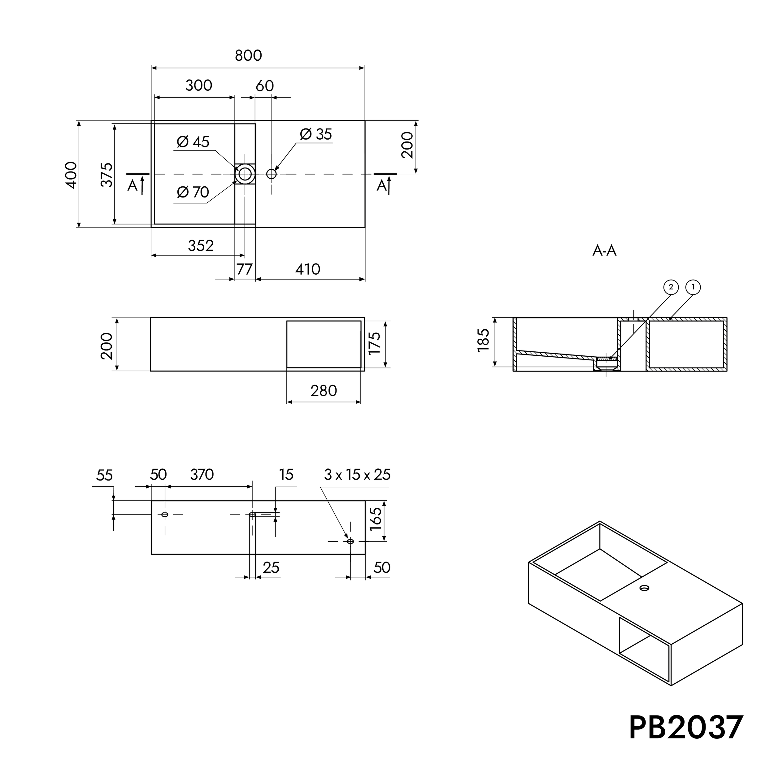 Lavabo a muro PB2037 in fusione minerale