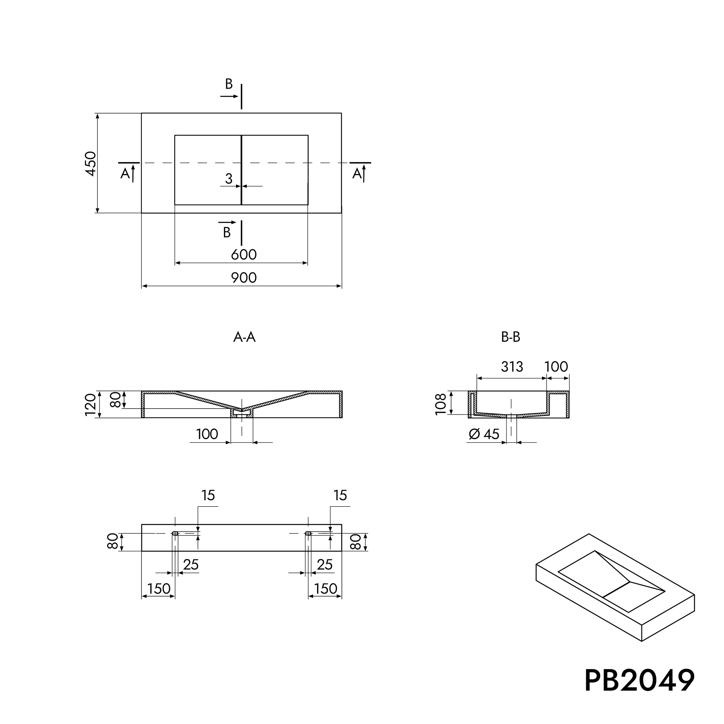 Lavabo a parete PB2049 in fusione minerale