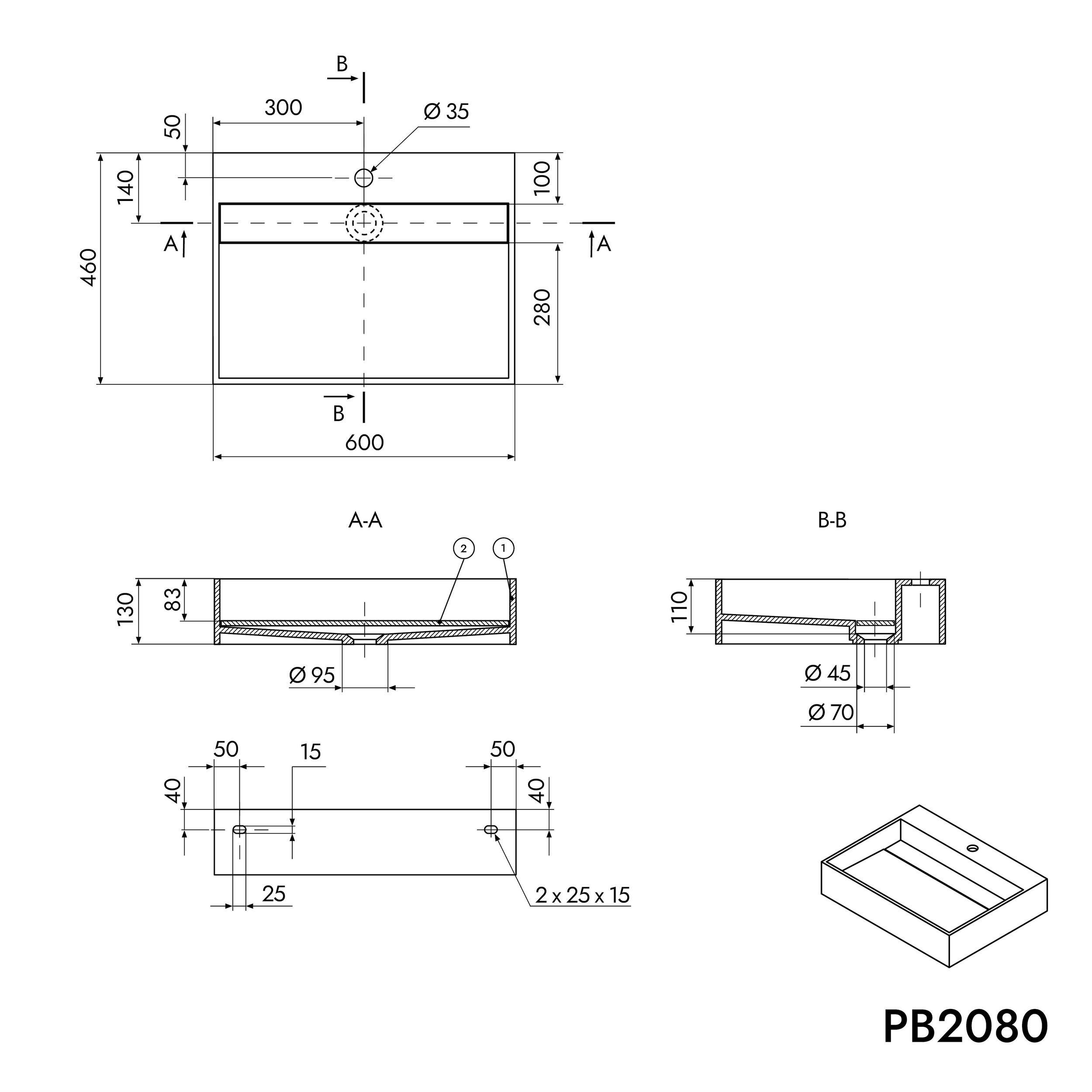 Lavabo a parete PB2080 in fusione minerale