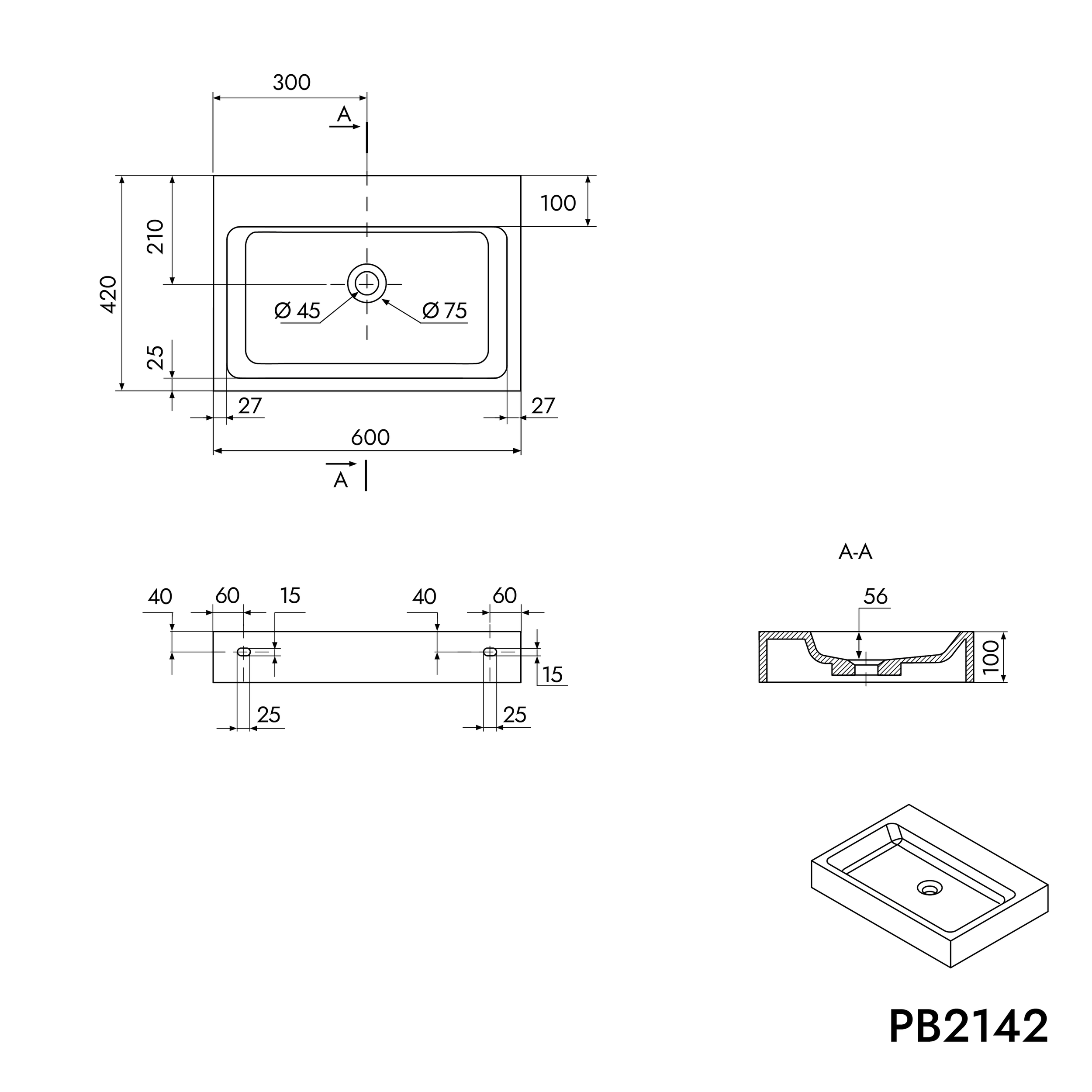 Lavabo a parete in fusione minerale PB2142
