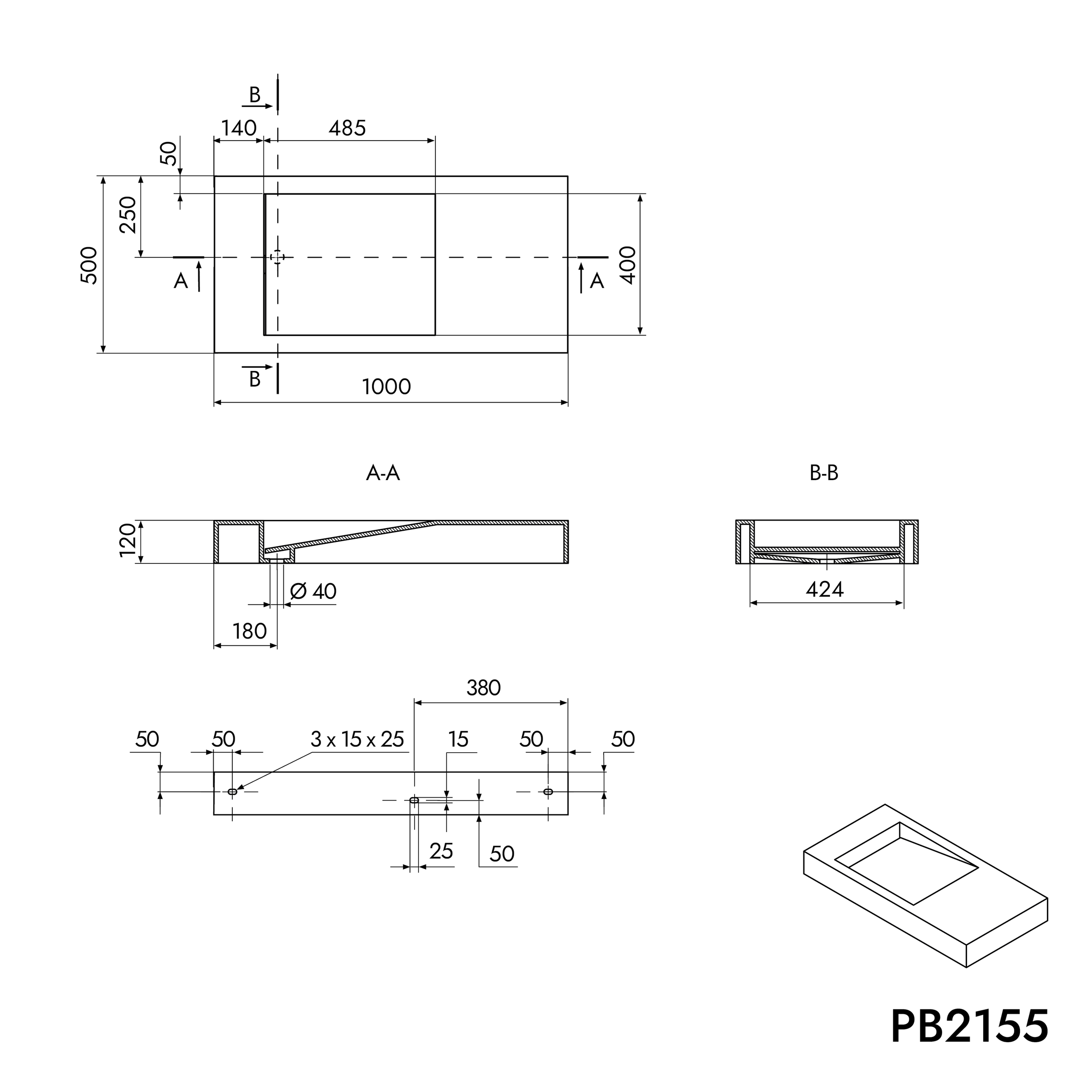 Lavabo a parete PB2155 in fusione minerale