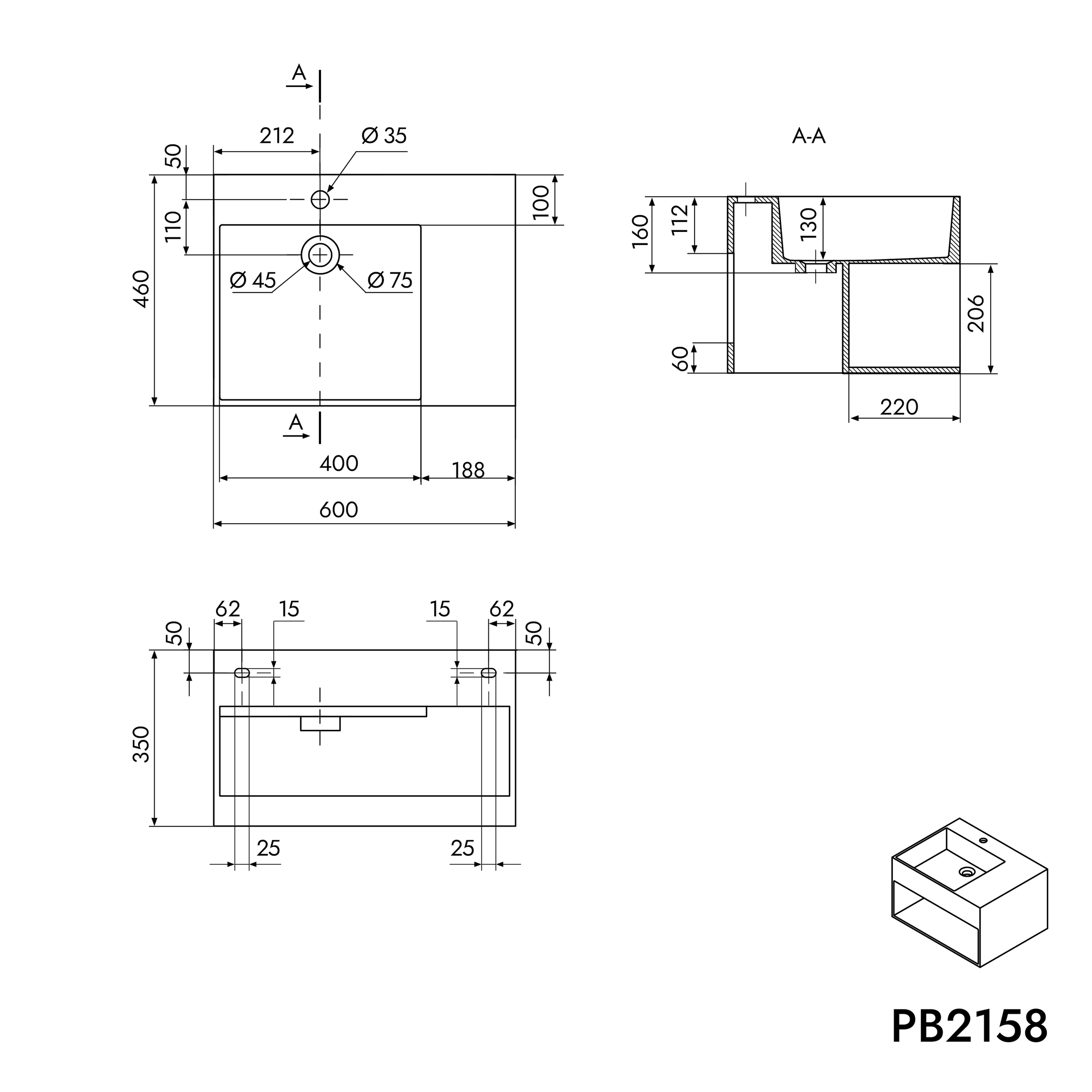 Lavabo sospeso PB2158 in fusione minerale
