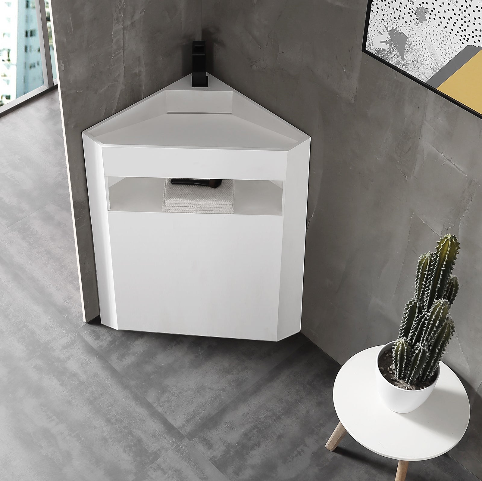 Lavabo freestanding ad angolo TWZ70 di pietra solida (Solid Stone) -  bianco opaco - 50 x 50 x 90 cm