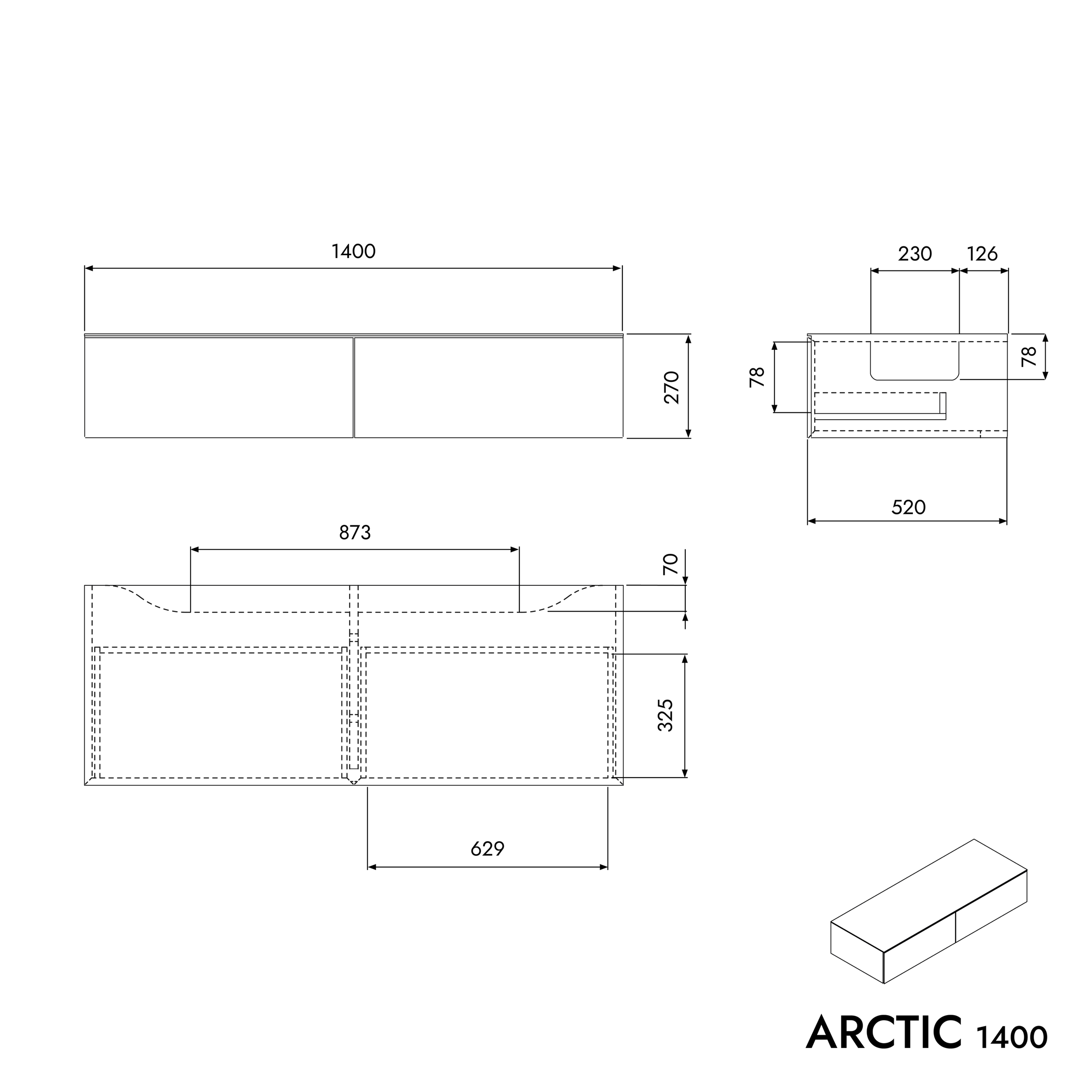 Mobiletto ARCTIC 1400 White Softtouch per lavabo da appoggio