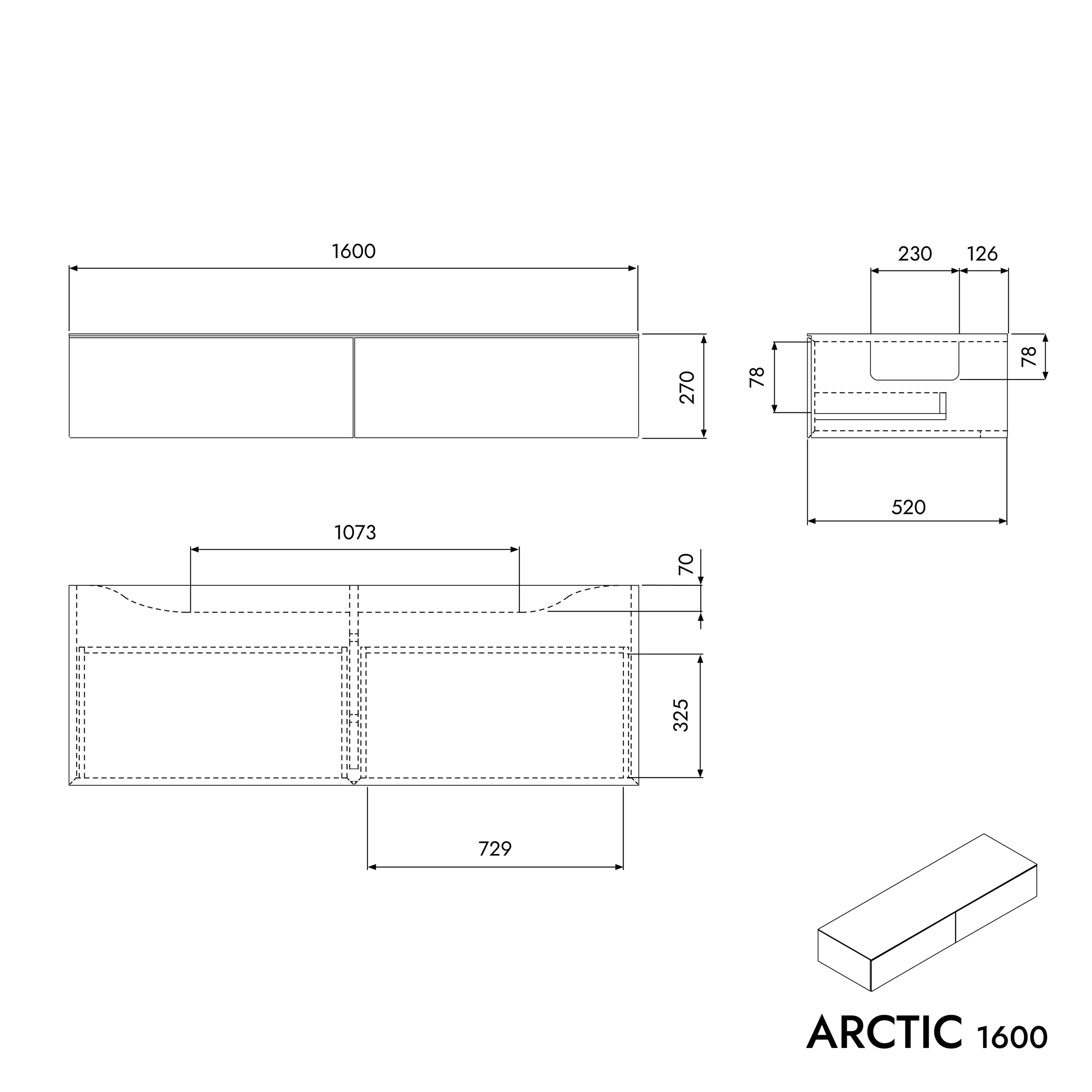 Mobiletto ARCTIC 1600 White Softtouch per lavabo da appoggio