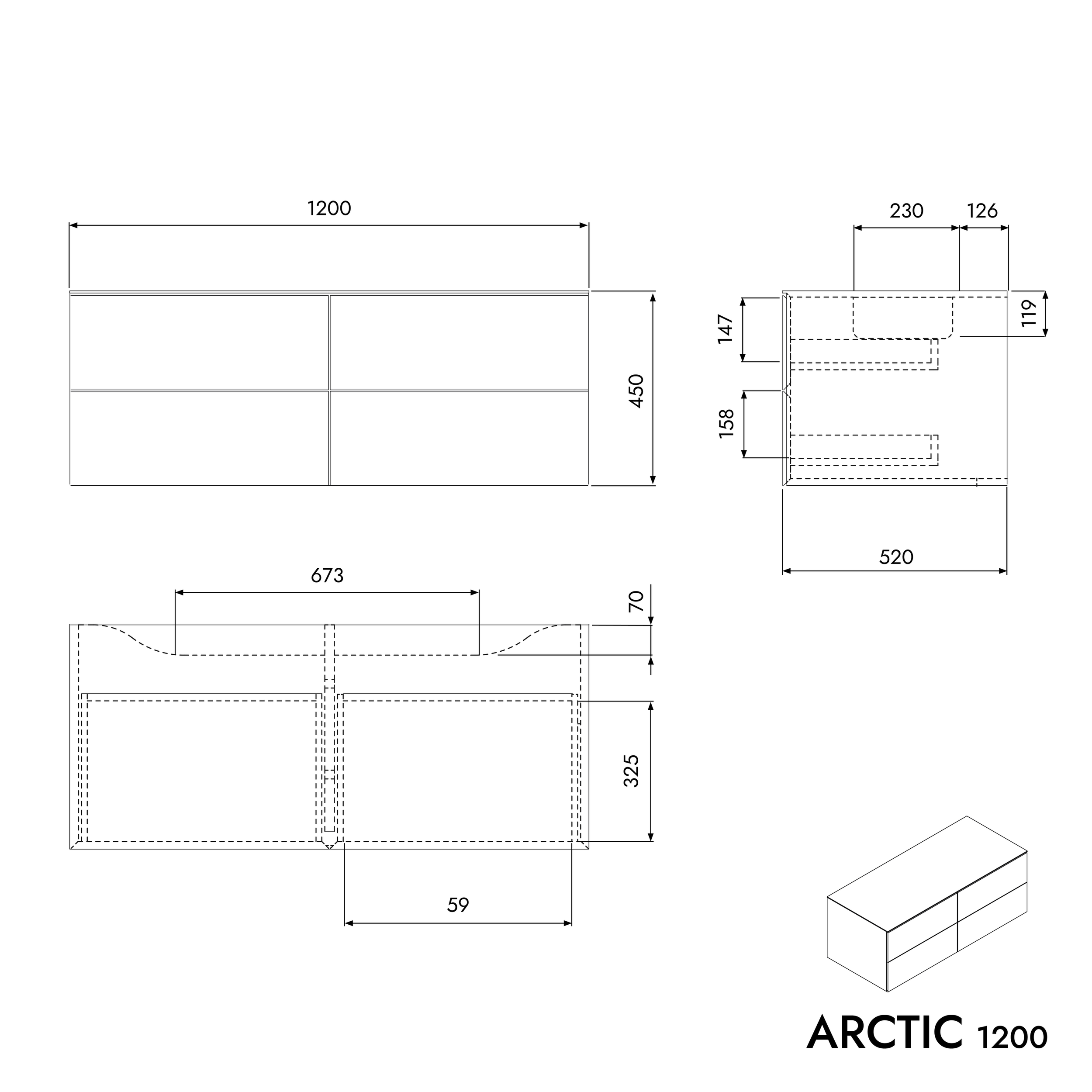 Mobiletto ARCTIC 1200 bianco Softtouch per lavabo da appoggio