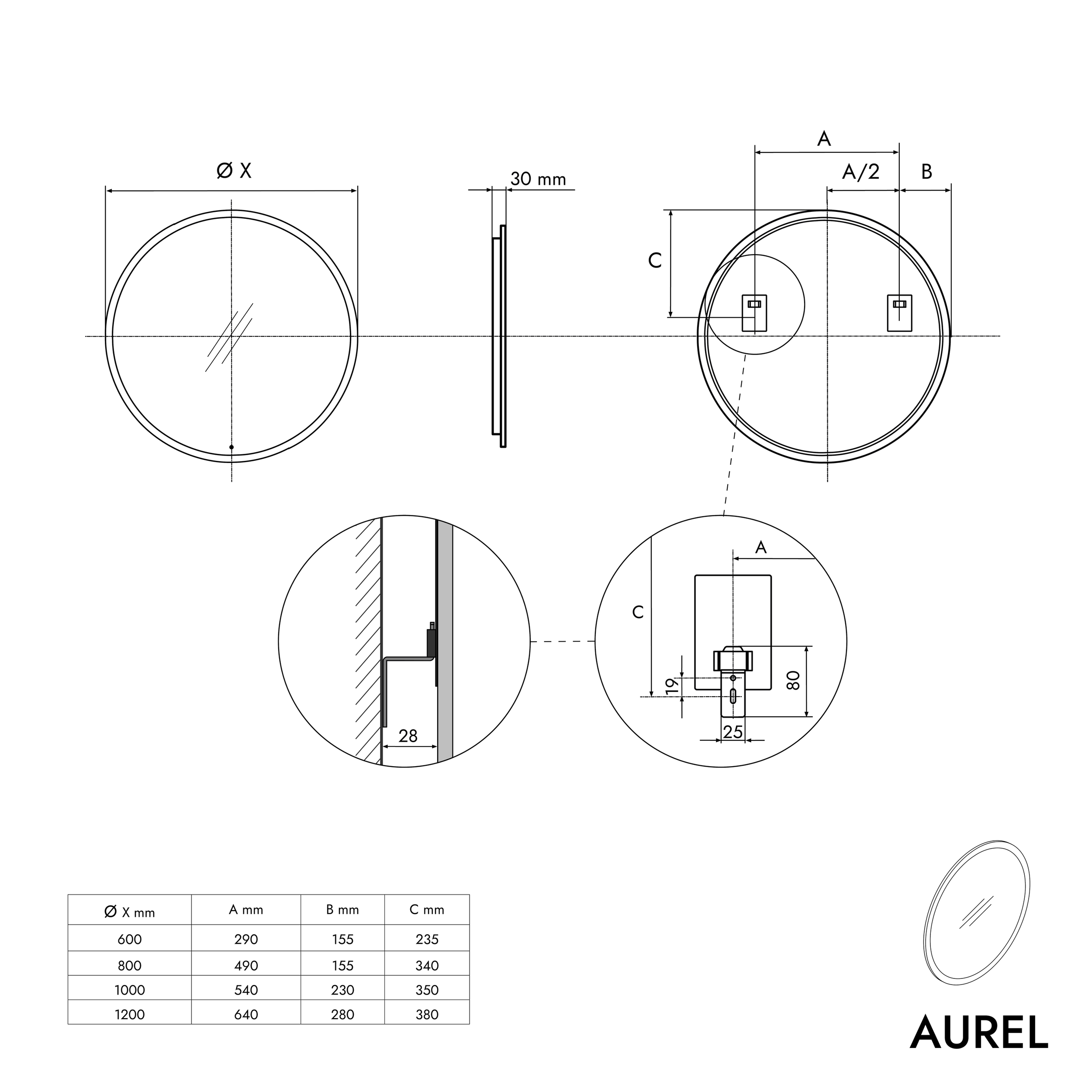 Specchio da bagno rotondo a LED AUREL