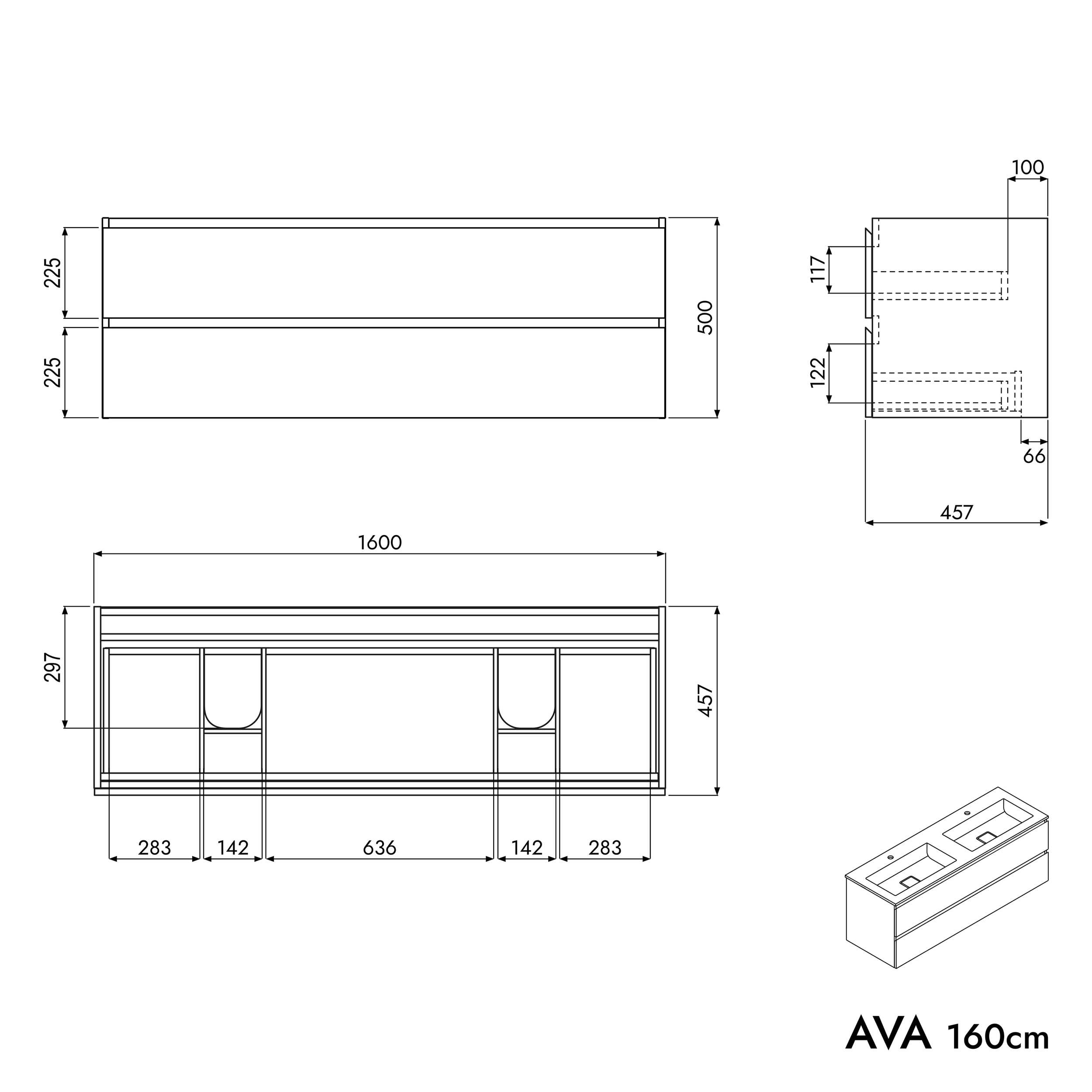 Mobiletto AVA 160 cm con lavabo in fusione minerale BRUXELLES