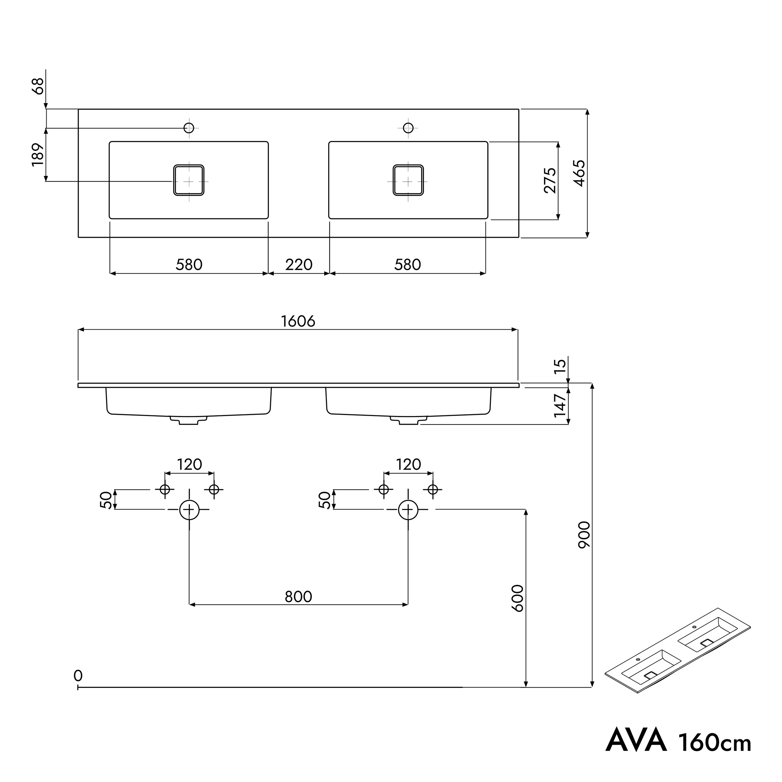 Mobiletto AVA 160 cm con lavabo in fusione minerale BRUXELLES