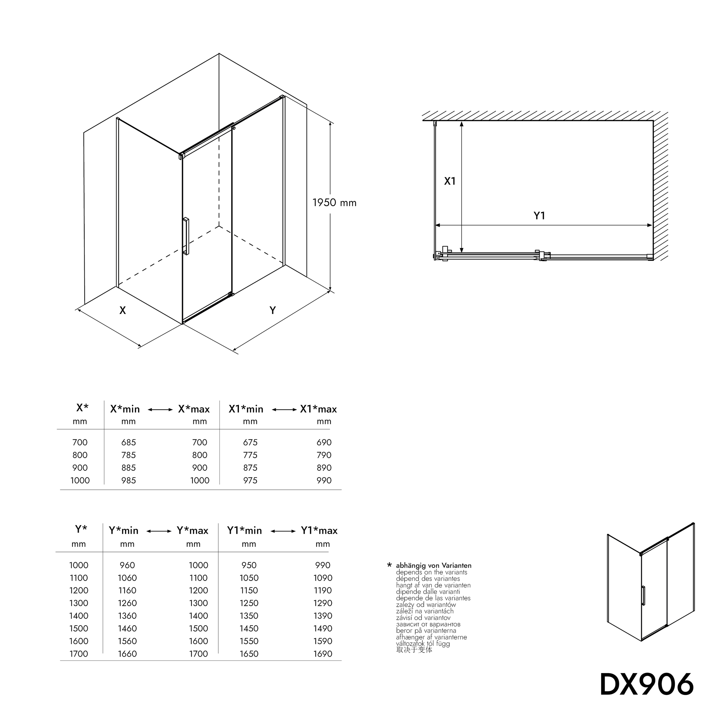 Box doccia fisso con porta scorrevole DX906 FLEX - profili in nero opaco - 8 mm - nano - Dimensioni selezionabili