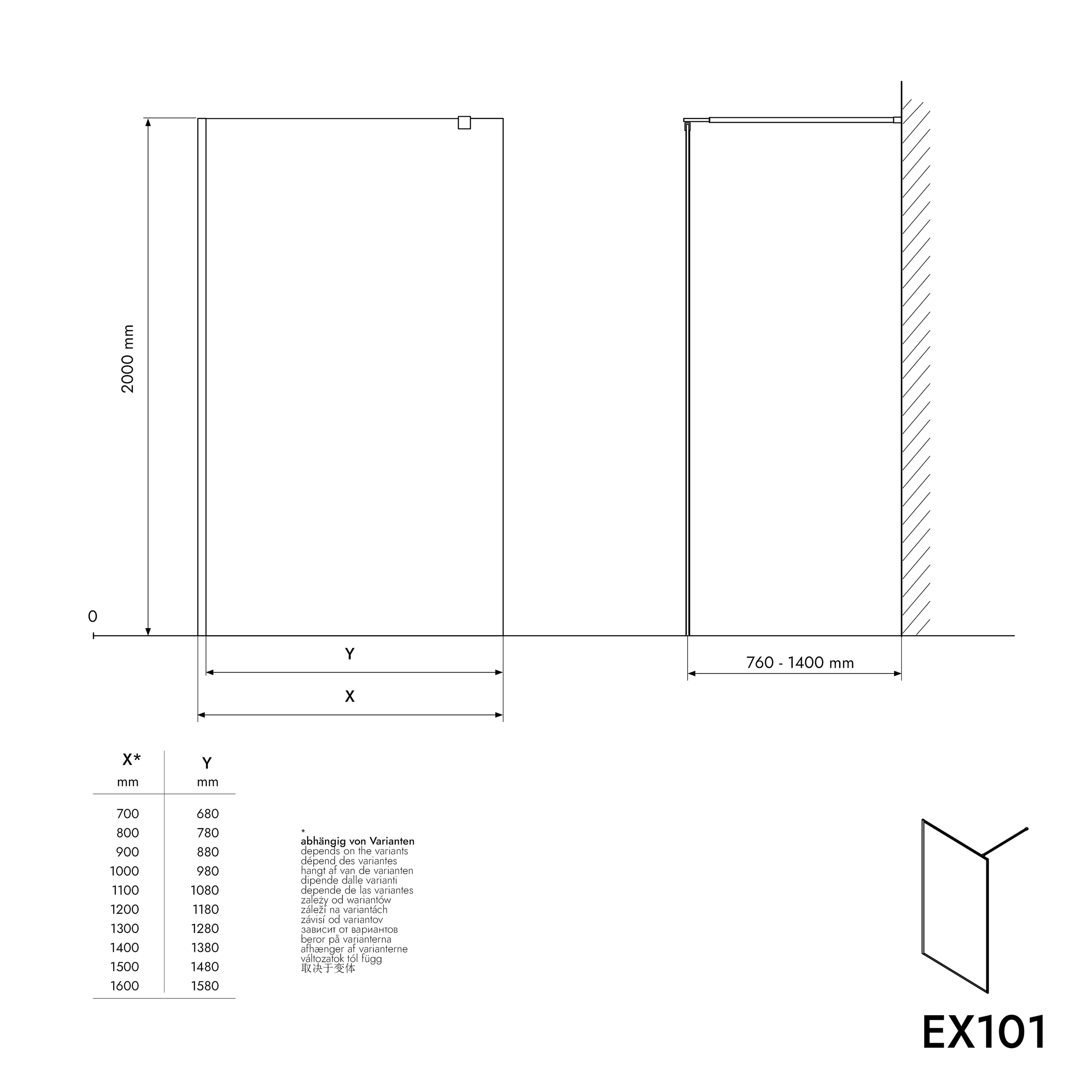 Parete doccia Walk In EX101 Vetro temprato fumé - 10mm  - larghezza selezionabile