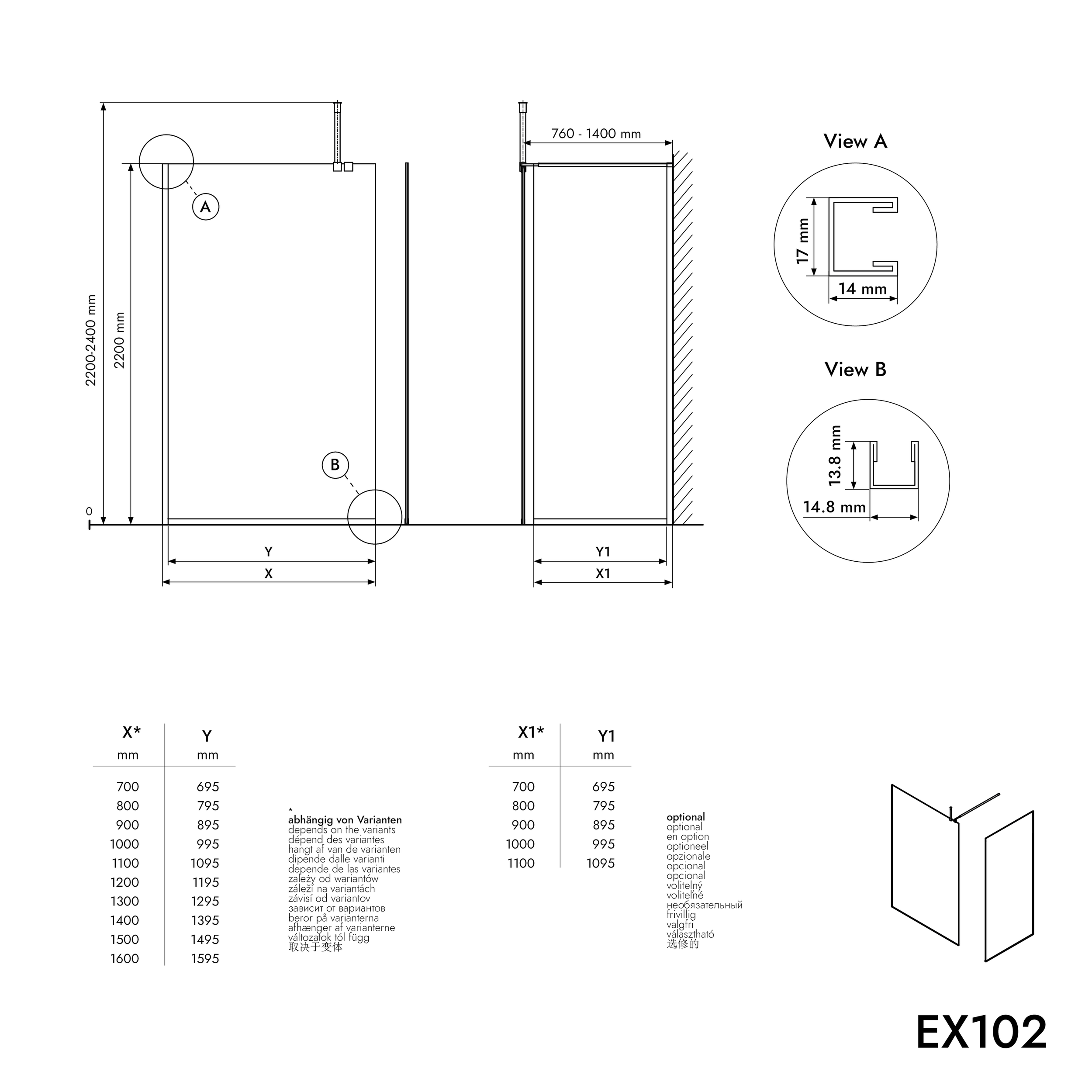Cabina doccia 10 mm in vetro nano trasparente EX102 - 1 parete in vetro profilo in acciaio inox cromo - larghezza selezionabile