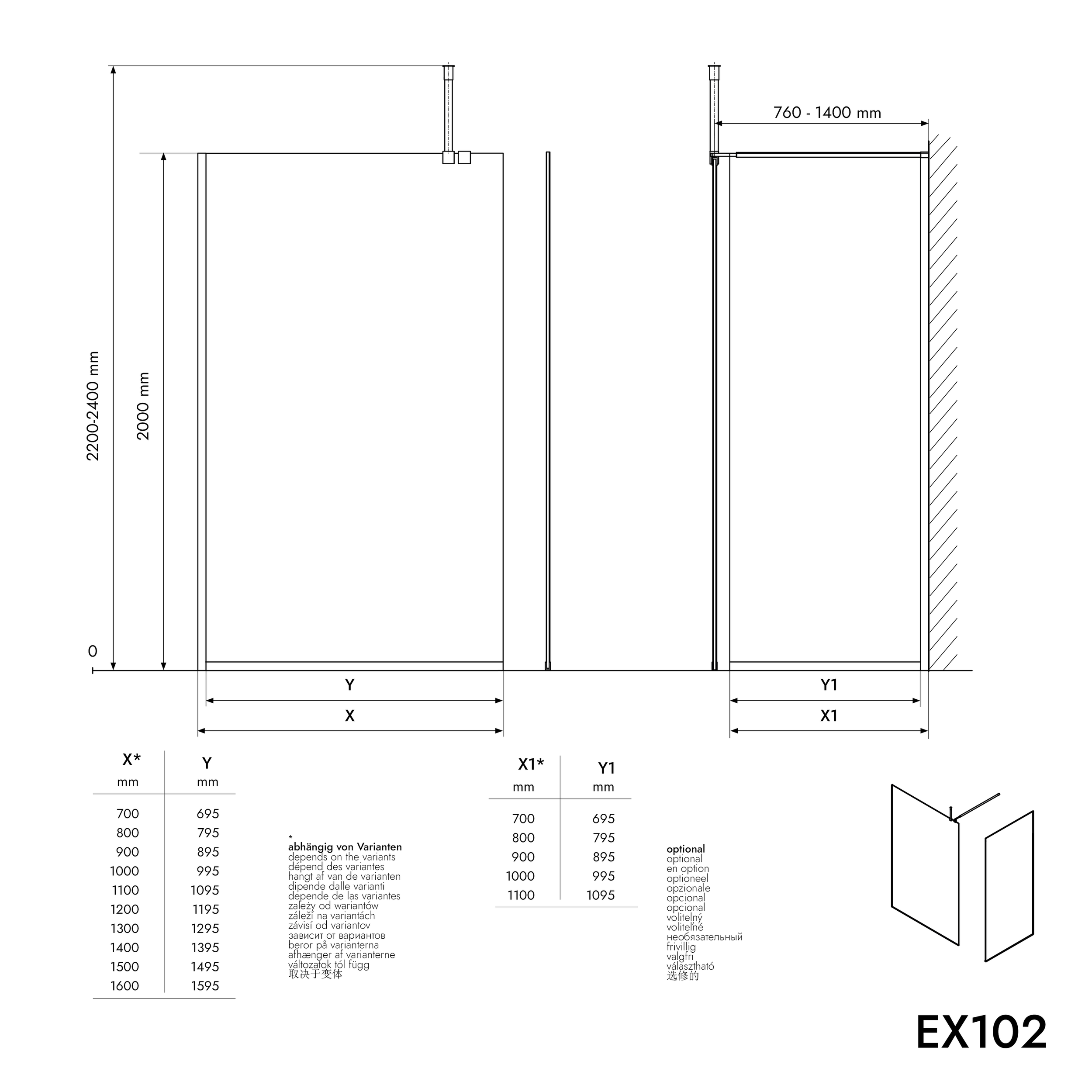 Cabina doccia 10 mm in vetro grigio nano EX102 - 1 parete in vetro con profilo in acciaio inox nero opaco - larghezza selezionabile