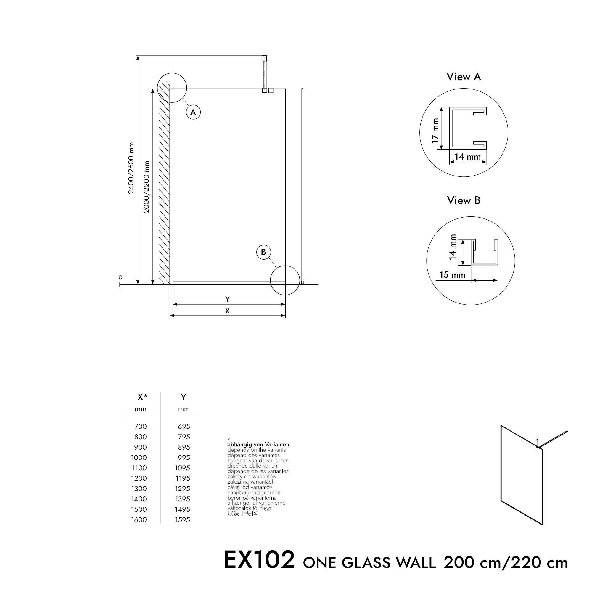 Cabina doccia 10 mm in vetro nano trasparente EX102 - 1 parete in vetro con profilo in acciaio inox nero opaco - larghezza selezionabile