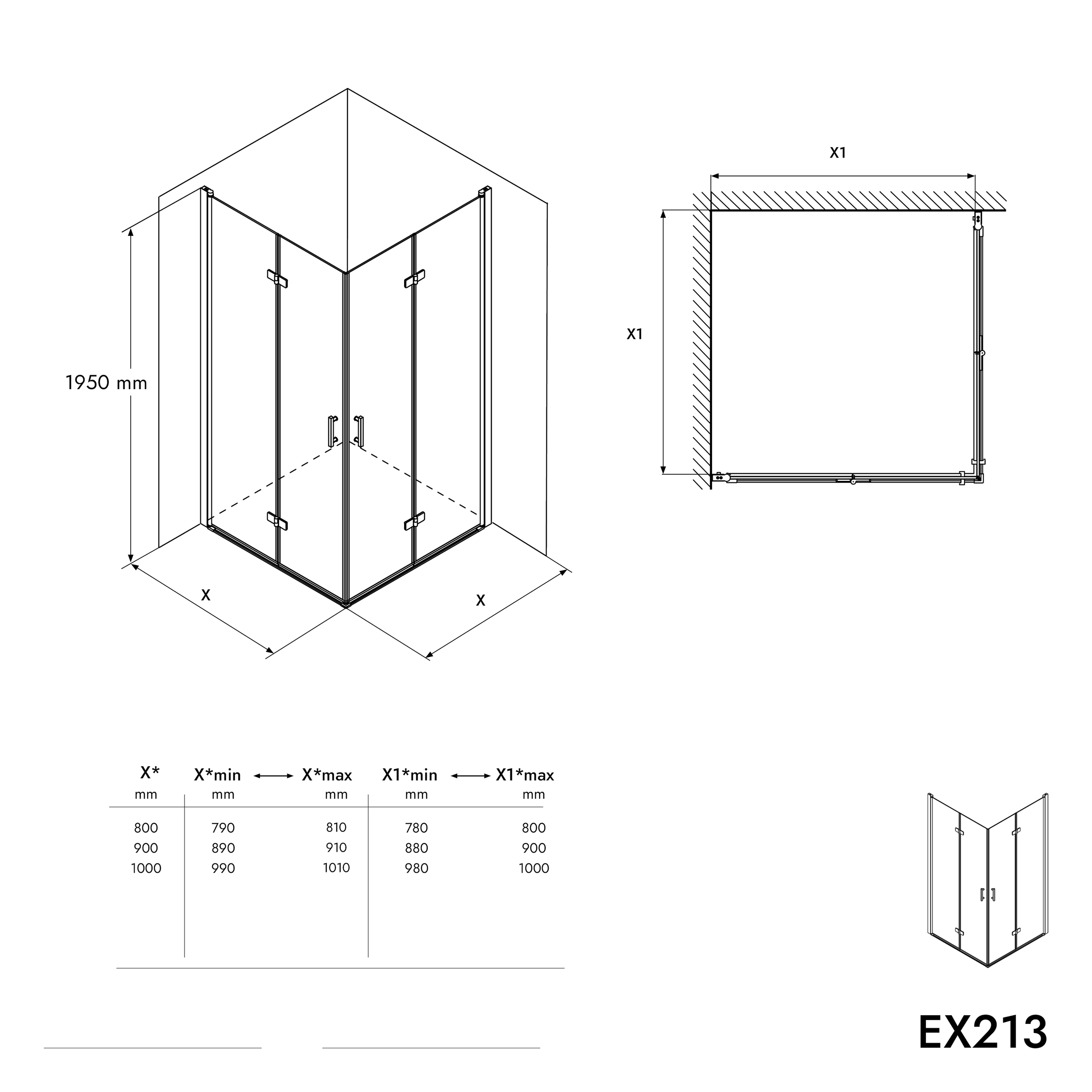 Cabina doccia angolare EX213, rivestimento NANO, 100 x 100cm - 8mm - senza piatto doccia