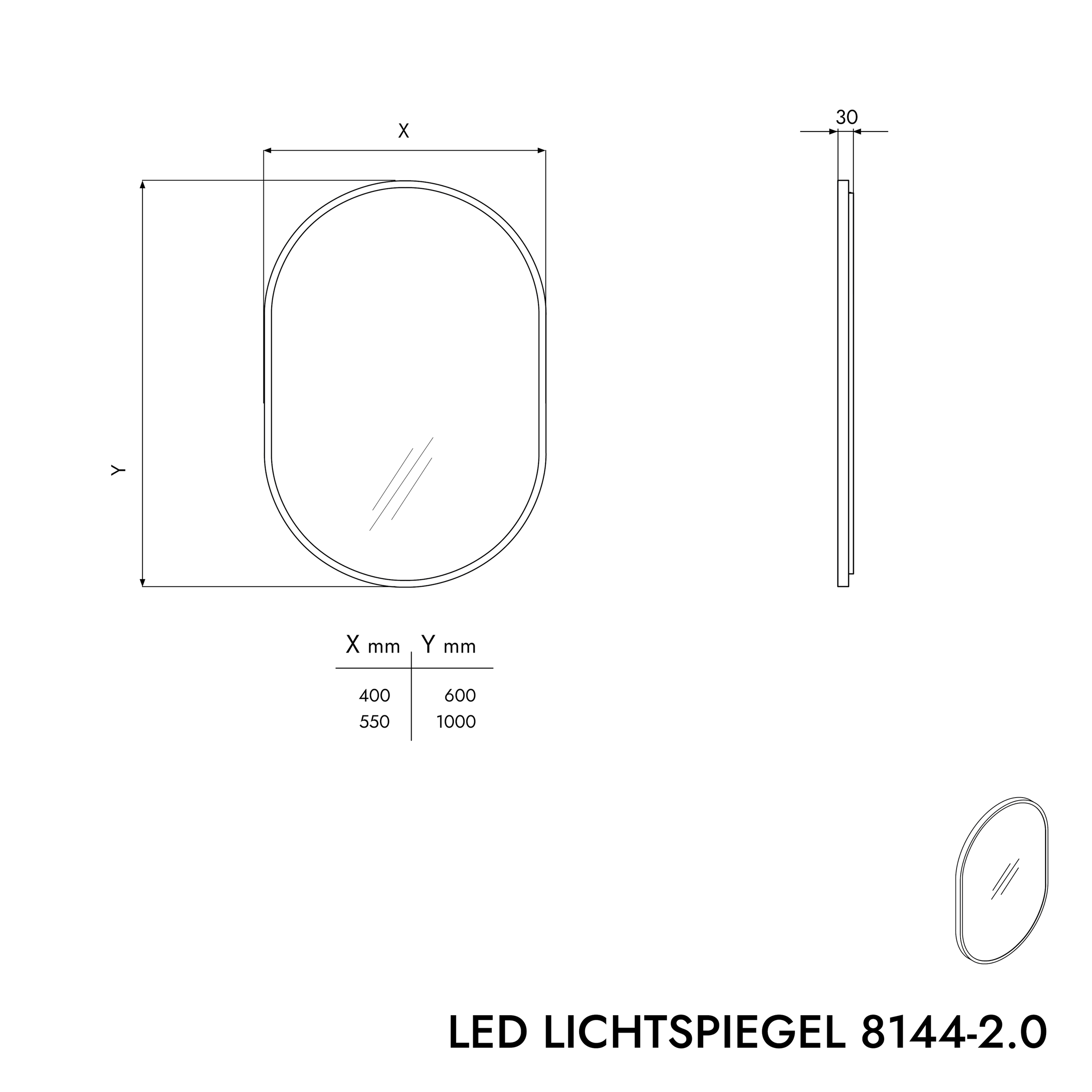 Specchio illuminato a LED 8144-2.0 ovale con riscaldamento dello specchio e regolazione della luce calda/fredda - cornice nera - dimensioni selezionabili