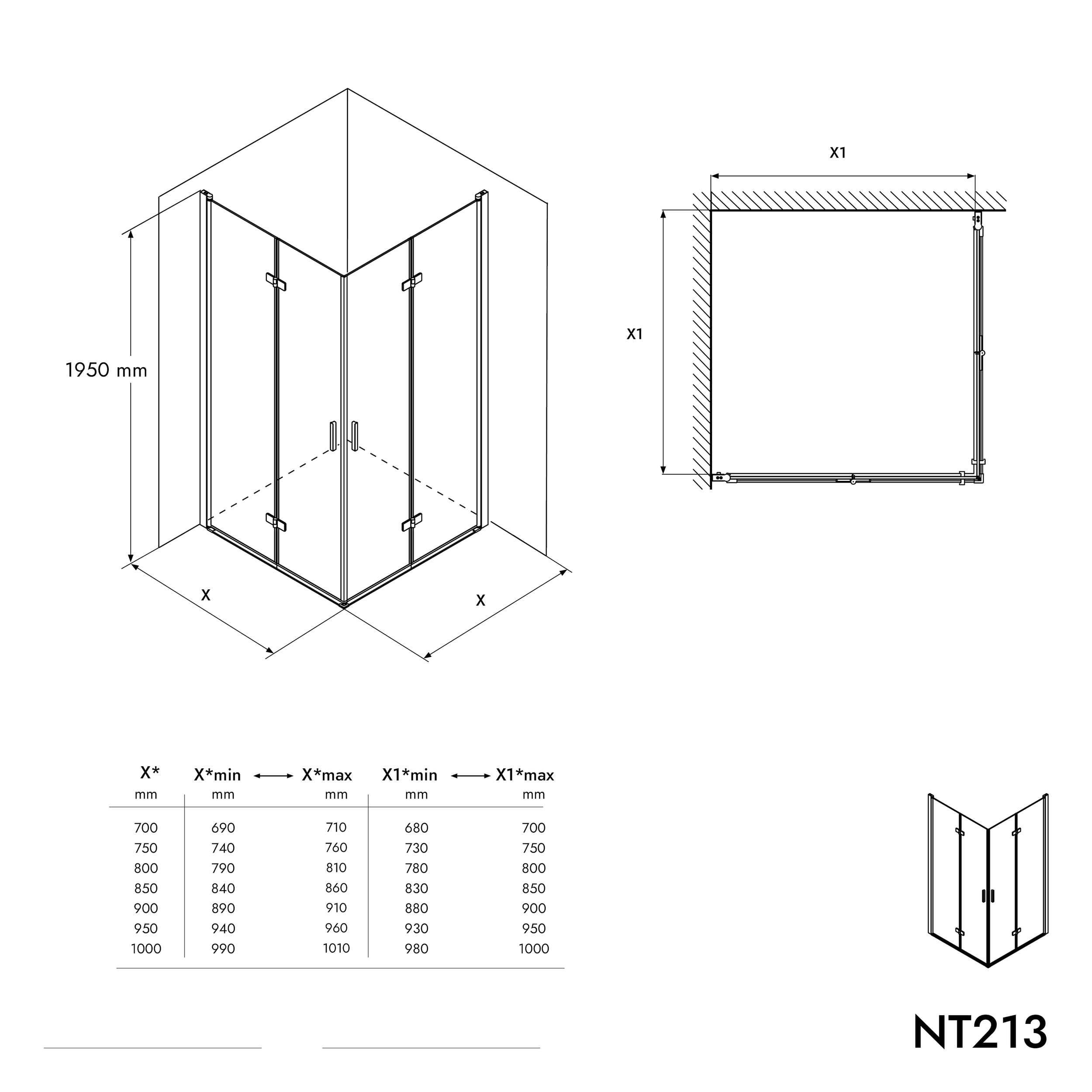 Doccia angolare con porta a soffietto NT213 - vetro nano trasparente da 8 mm - colore e larghezza del profilo selezionabili