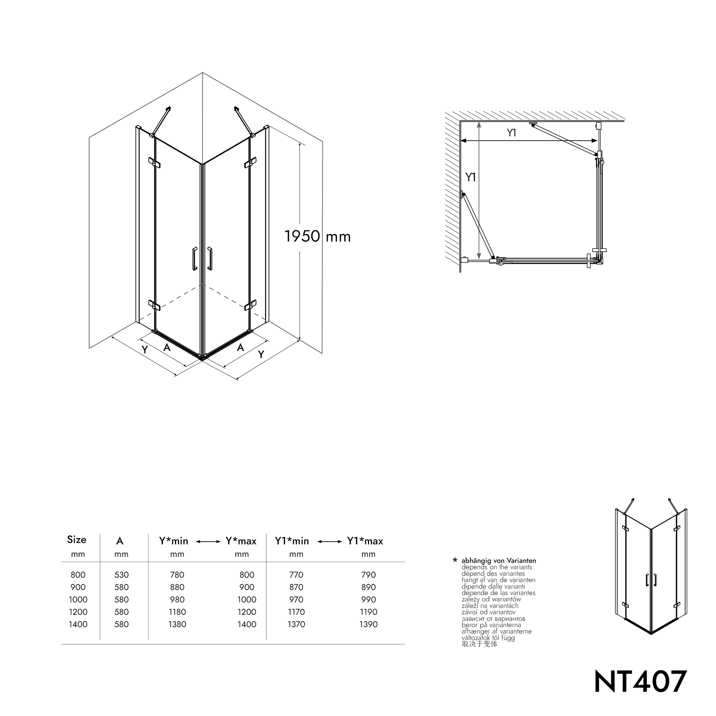 Doccia angolare con due porte a battente su pannello fisso NT407