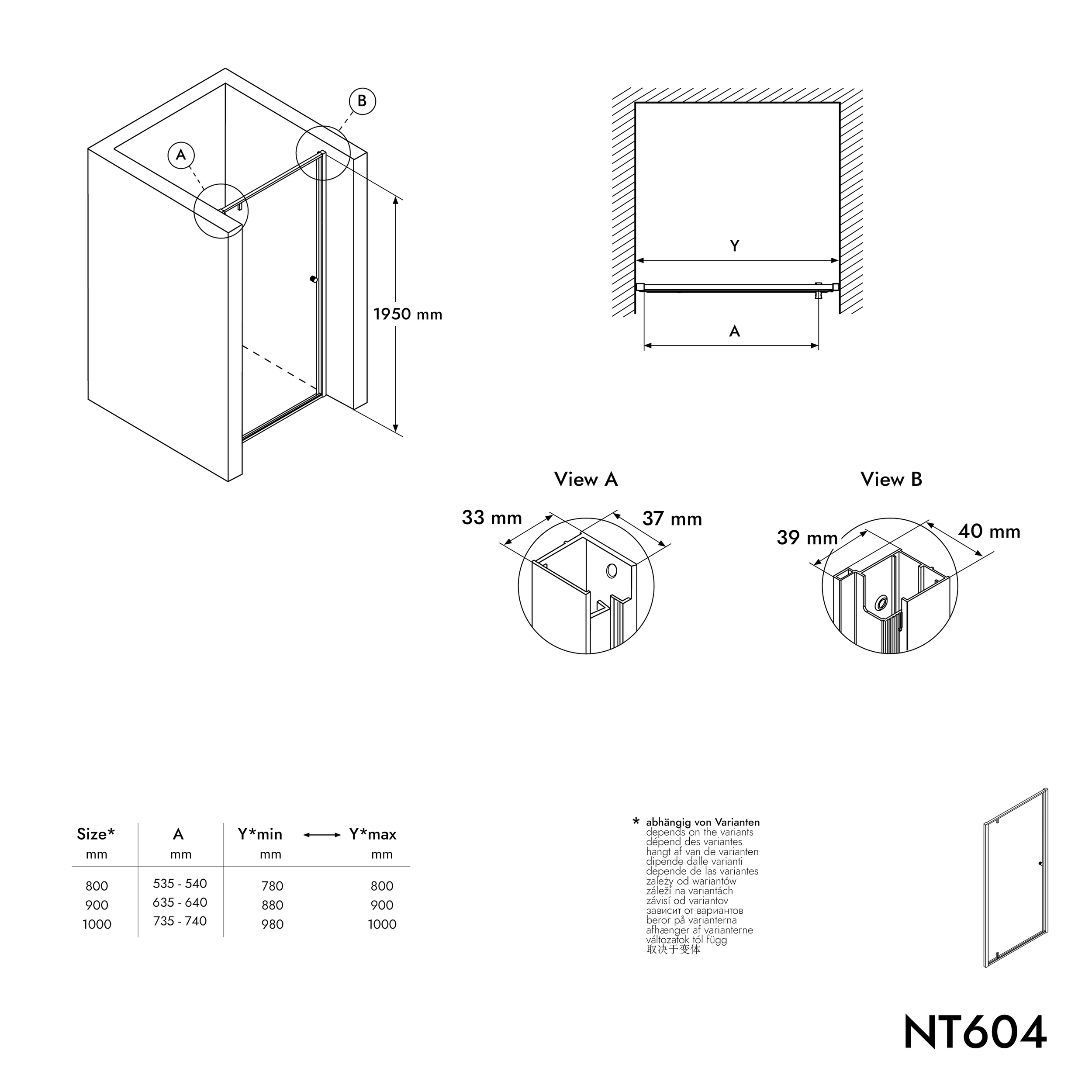 Doccia a nicchia con porta girevole NT604 FLEX - 6 mm di vetro nano trasparente - colore del profilo selezionabile