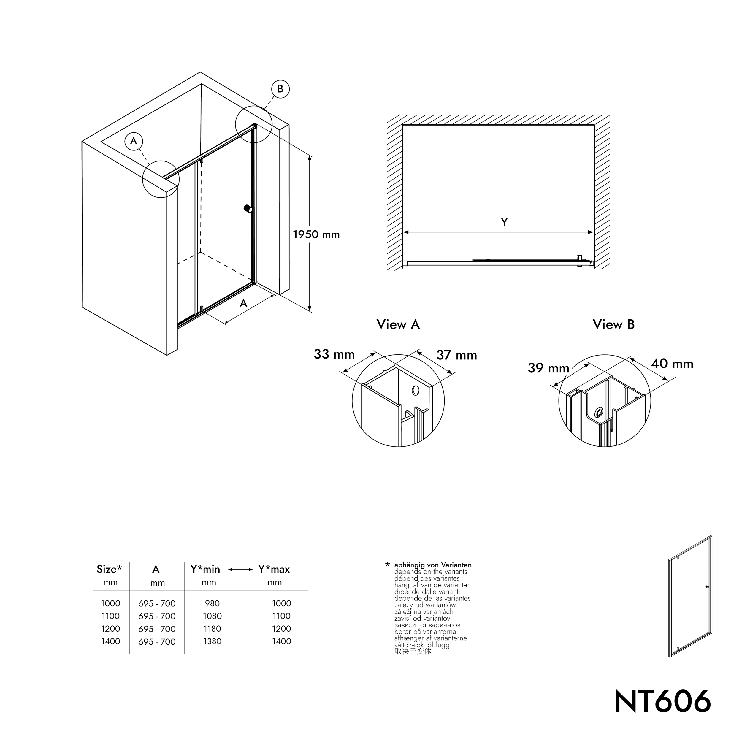 Doccia di nicchia con porta girevole su pannello fisso NT606 FLEX - 6 mm di vetro nano trasparente - colore del profilo selezionabile