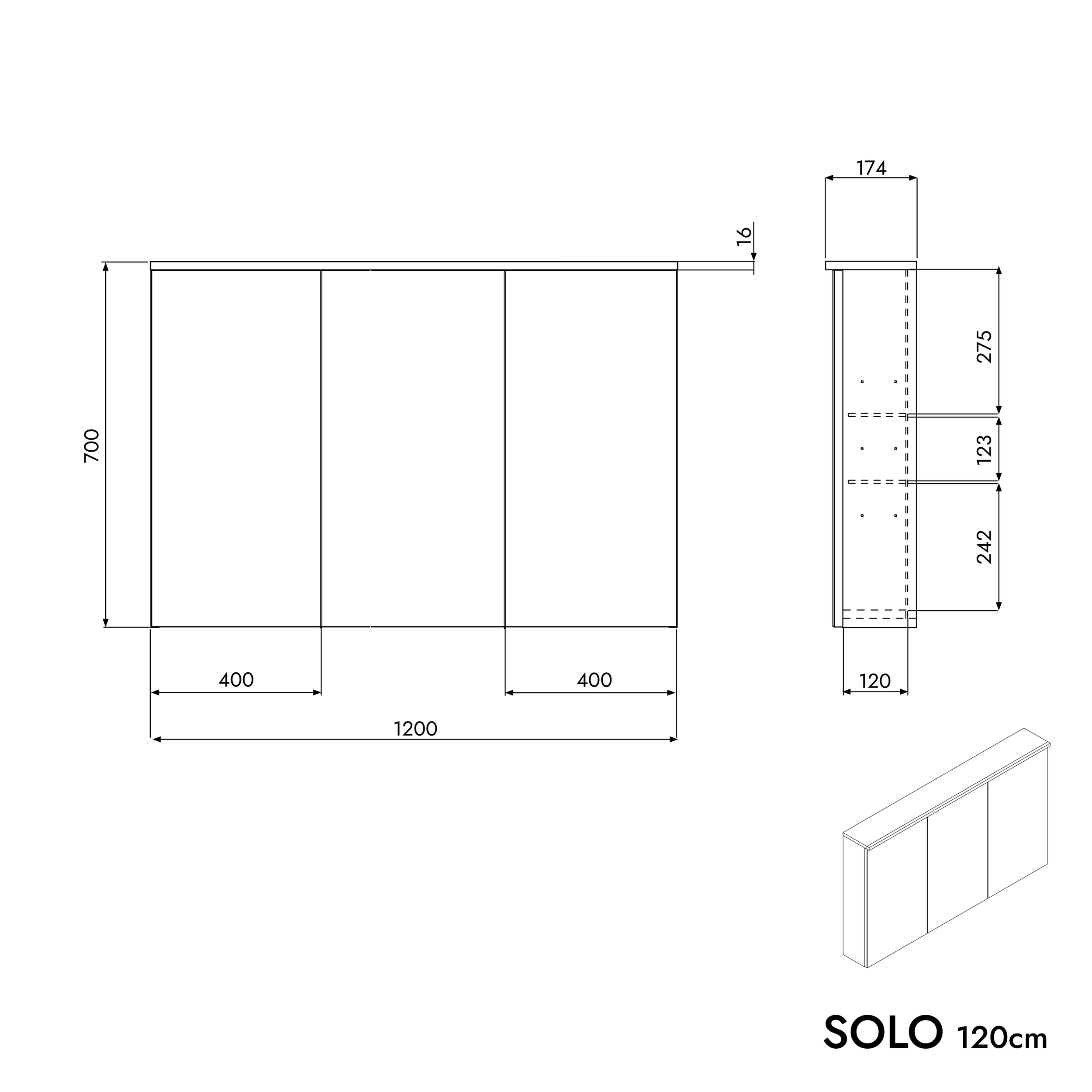 Armadietto a specchio SOLO con illuminazione LED - 120 cm - 3 ante - colore selezionabile