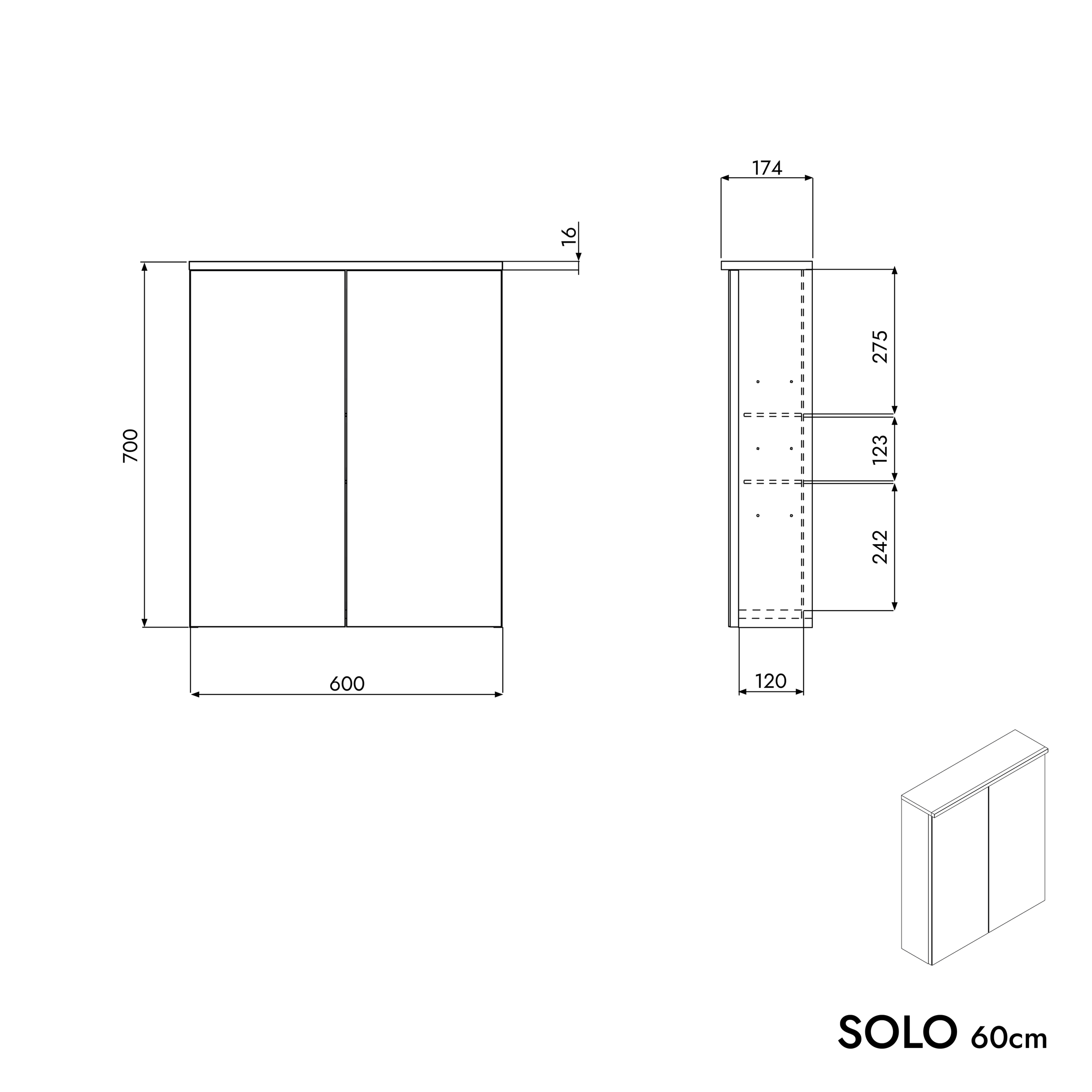 Armadio a specchio SOLO con illuminazione a LED - 60 cm - 2 ante