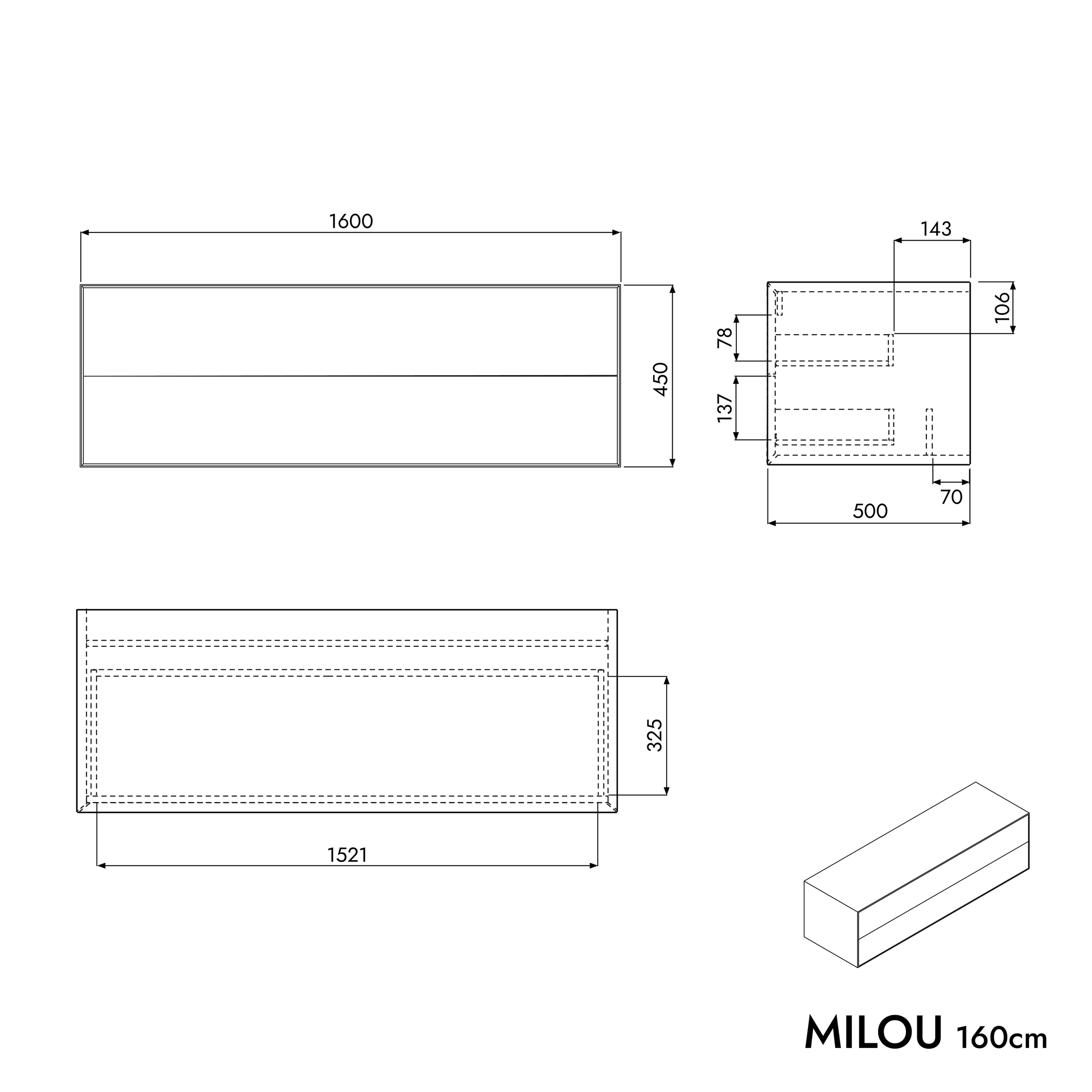 Mobiletto MILOU 160 cm per lavabo da appoggio - 2 cassetti