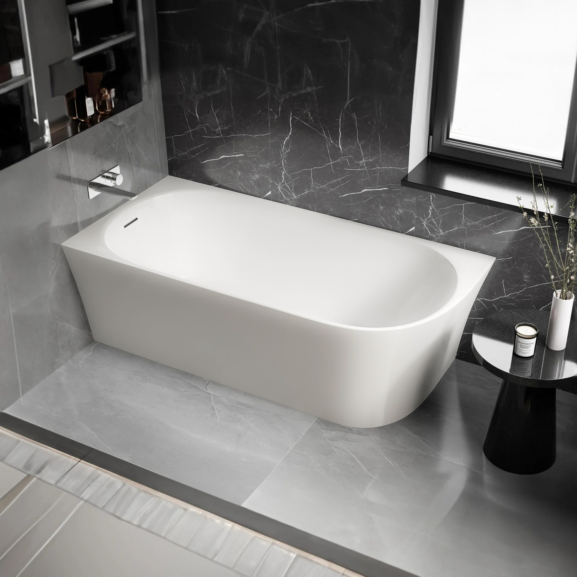 Vasca da bagno salvaspazio semi-freestanding NORA CORNER acrilico bianco opaco